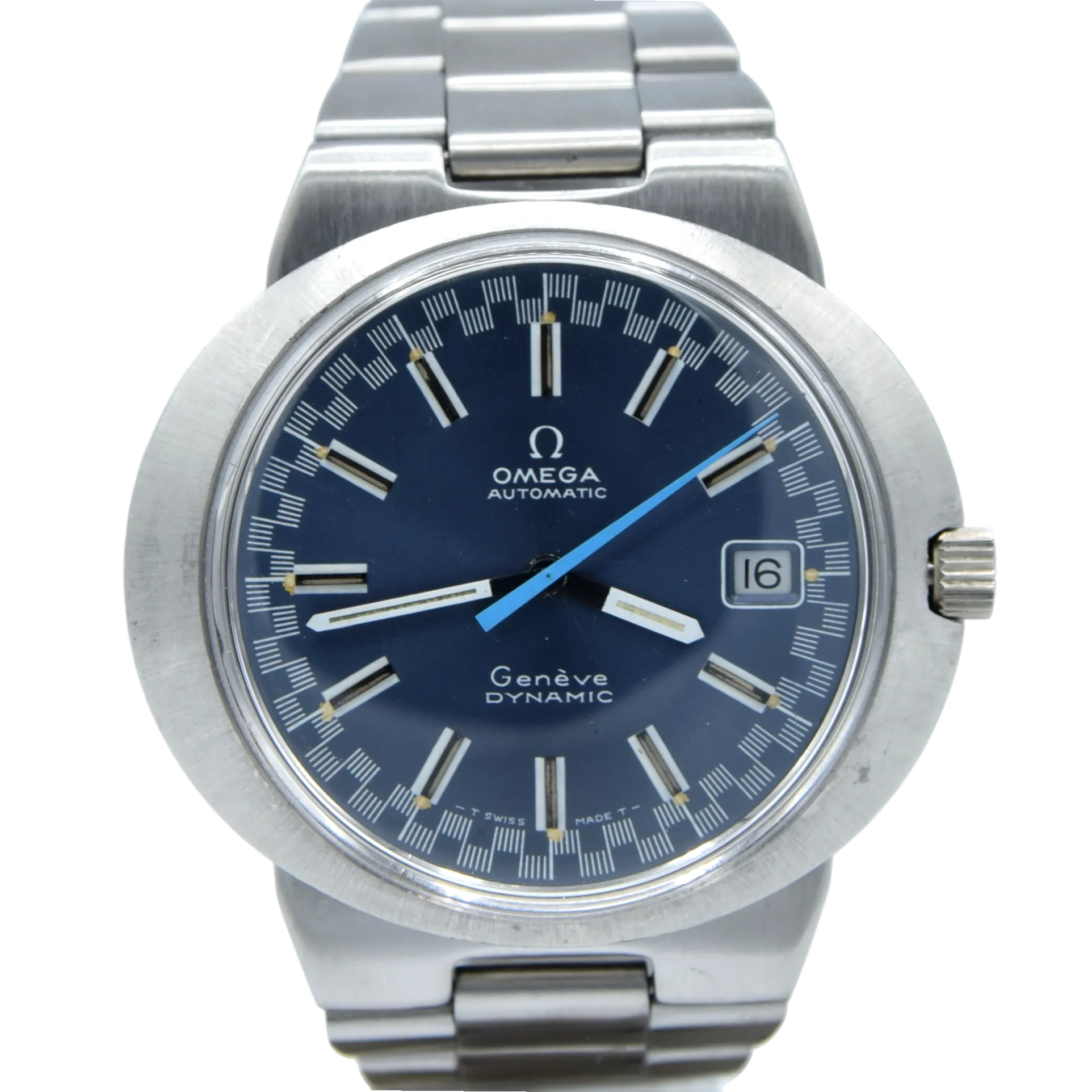1969 Omega Geneve Dynamic Automatic Date with Rarer blue racing Dial 166.039 in Stainless Steel on Bracelet