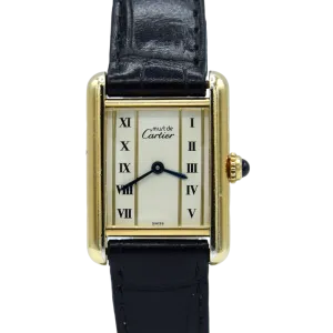1980s Ladies Swiss Quartz Cartier Tank with unusual Roman rail track Dial in Sterling Silver Gilt Vermeil