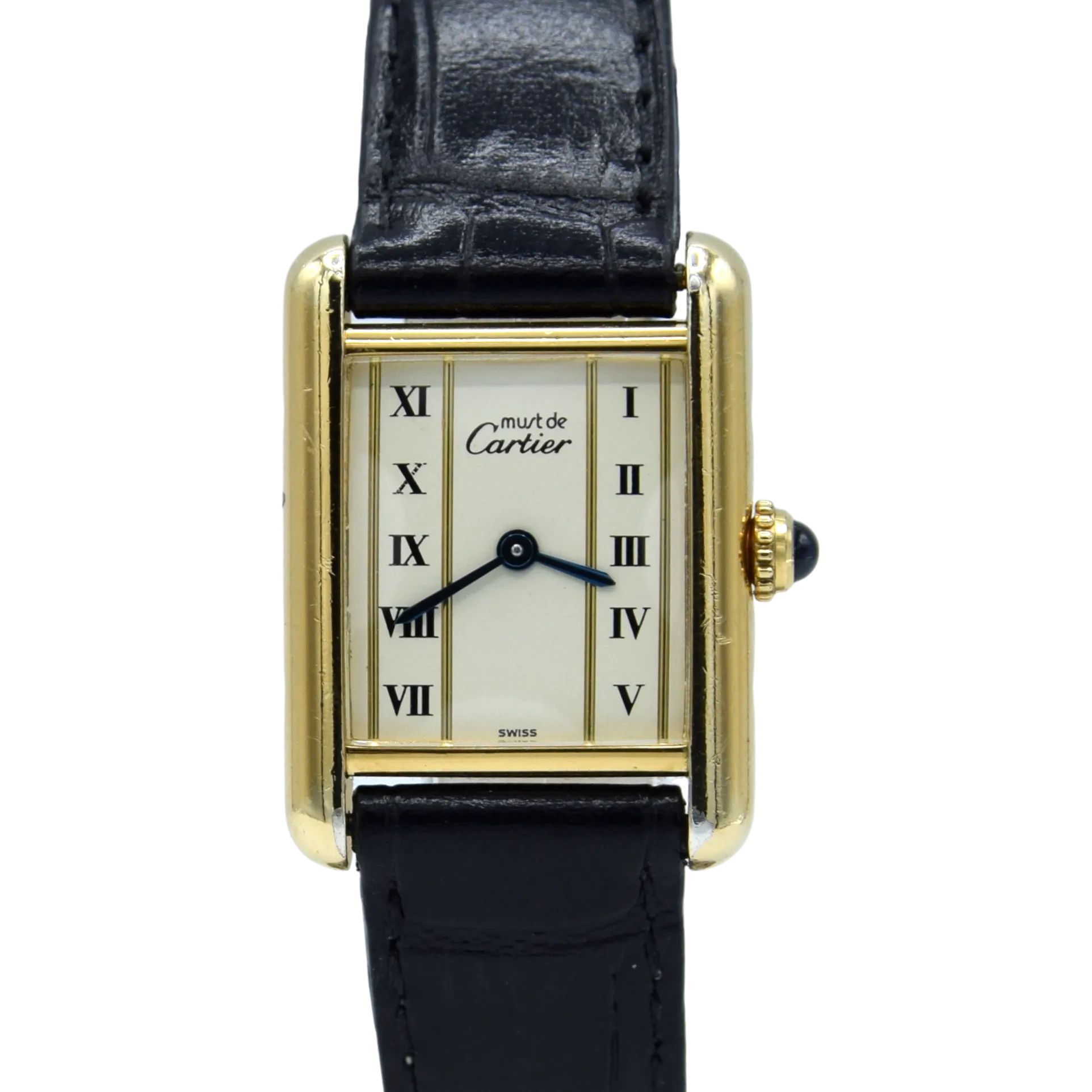 1980s Ladies Swiss Quartz Cartier Tank with unusual Roman rail track Dial in Sterling Silver Gilt Vermeil