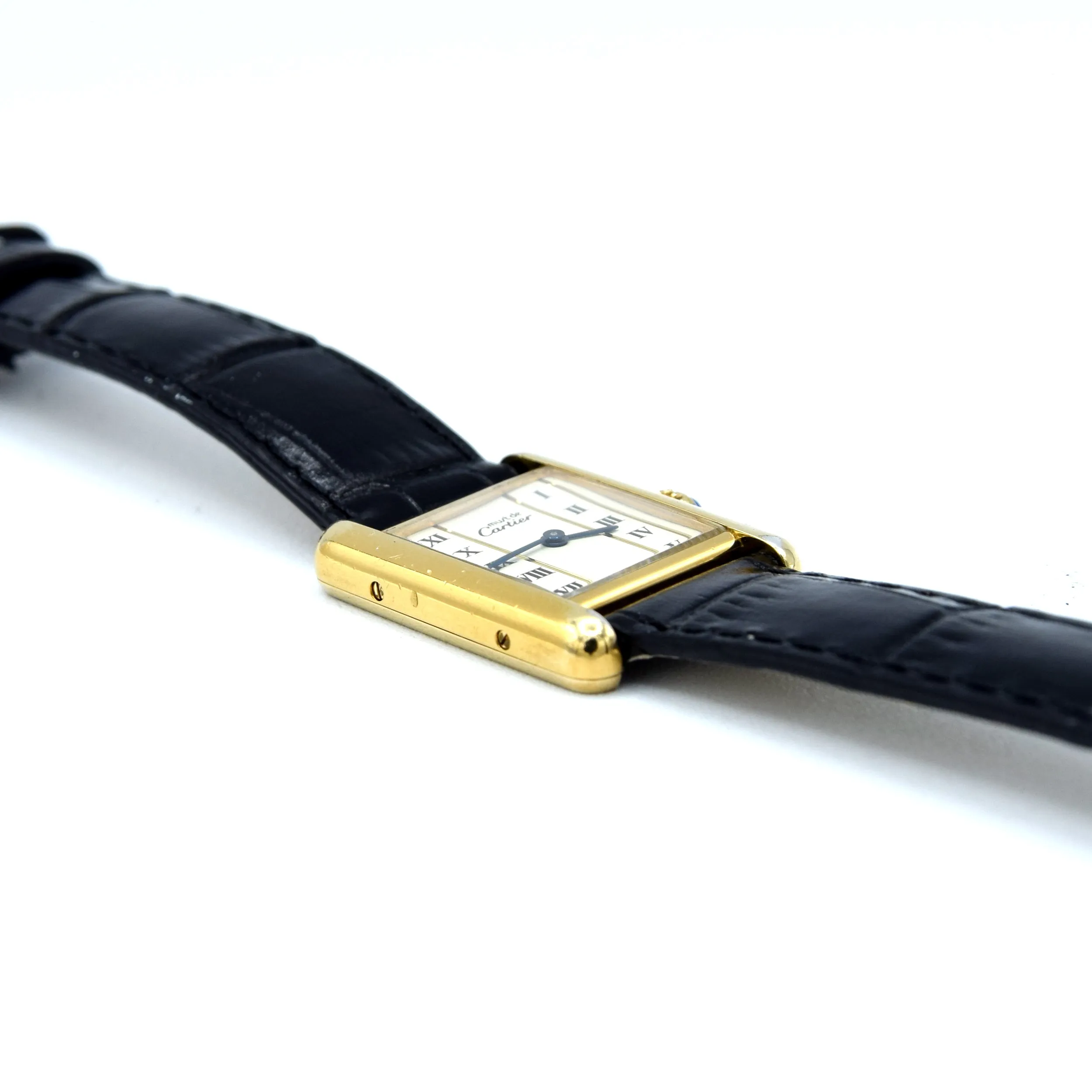 1980s Ladies Swiss Quartz Cartier Tank with unusual Roman rail track Dial in Sterling Silver Gilt Vermeil