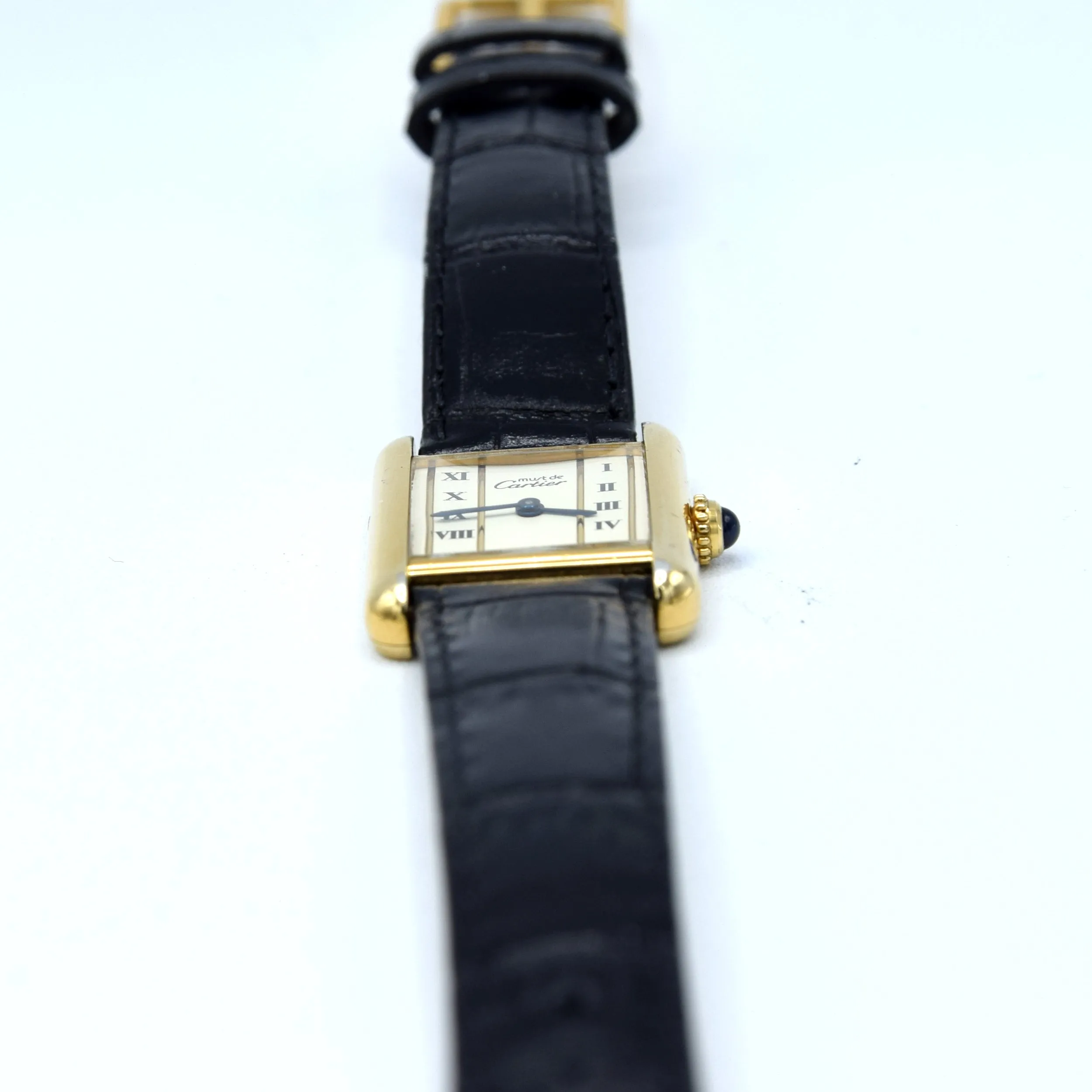 1980s Ladies Swiss Quartz Cartier Tank with unusual Roman rail track Dial in Sterling Silver Gilt Vermeil