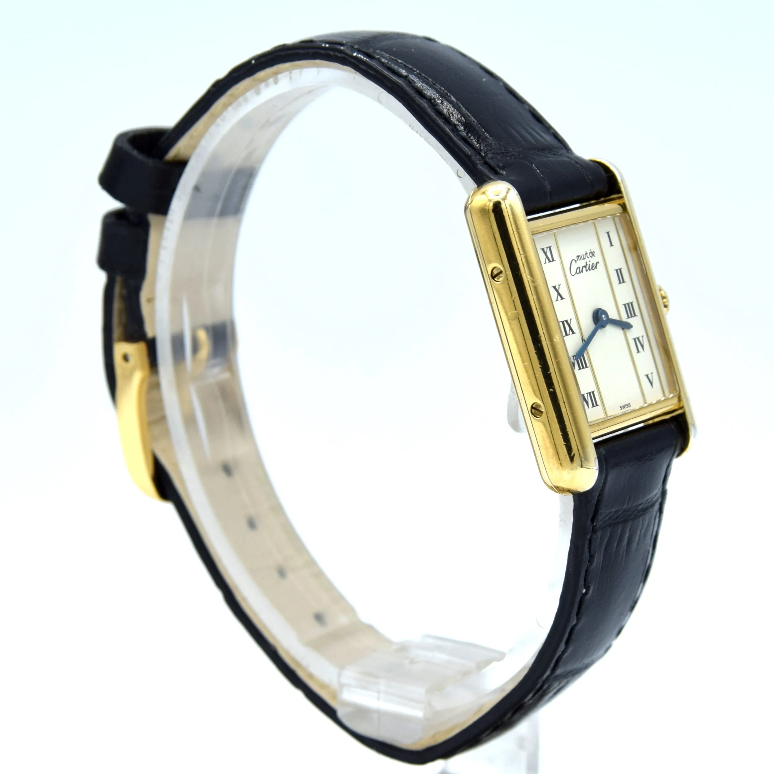 1980s Ladies Swiss Quartz Cartier Tank with unusual Roman rail track Dial in Sterling Silver Gilt Vermeil