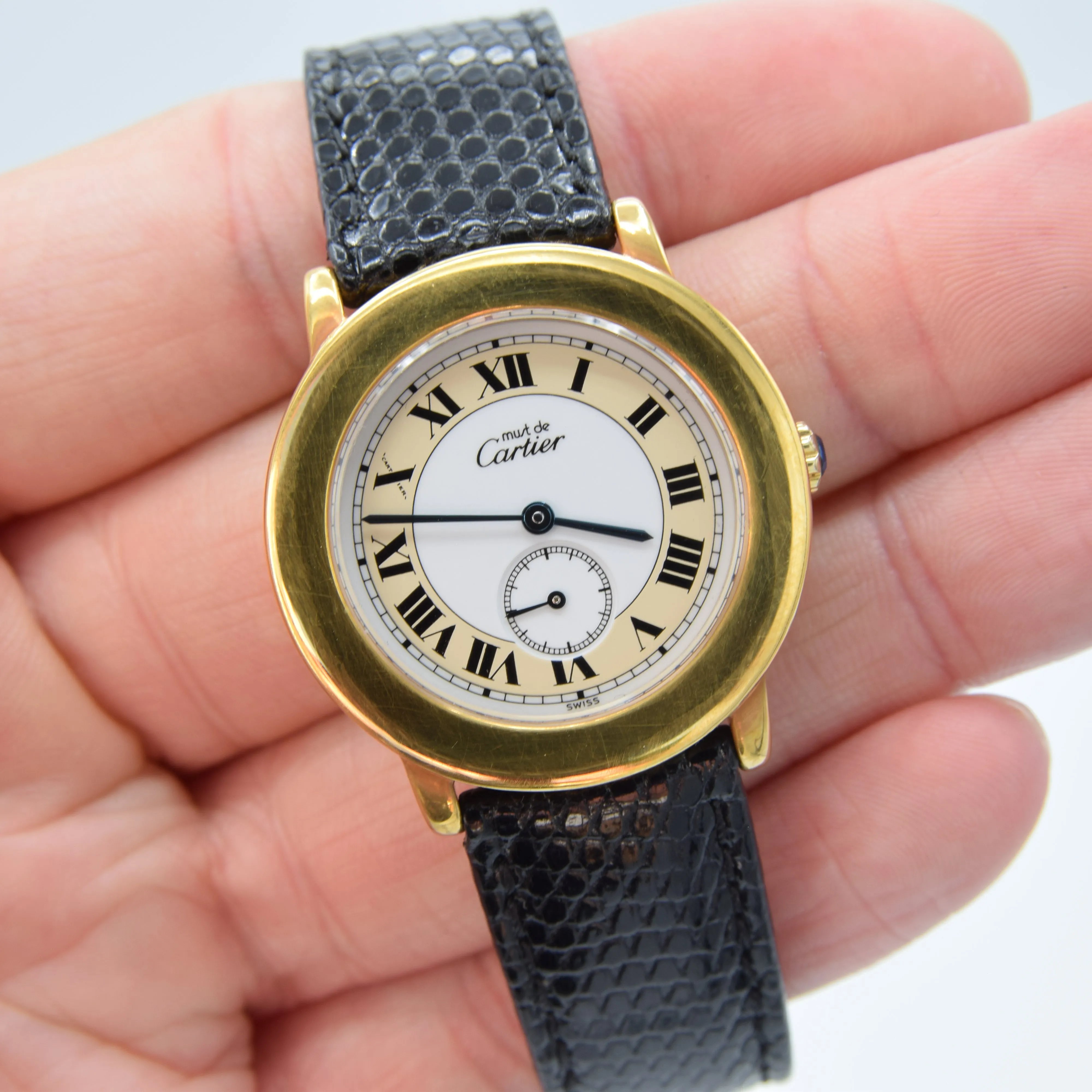 1990s Cartier 'Must de' Ronde with Roman Numerals in 925 Sterling Silver Gilt Vermeil Case Model 1810
