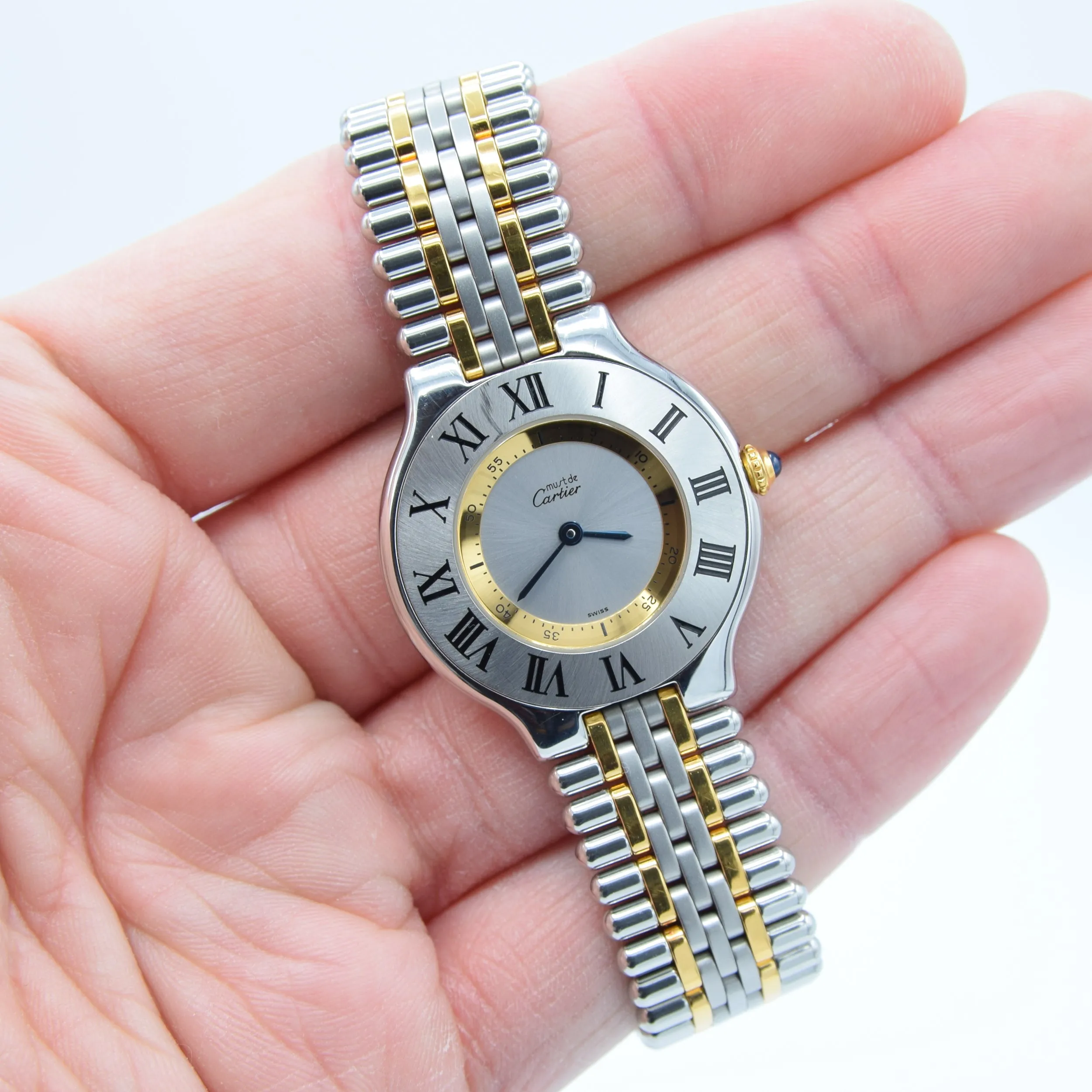 1990s Must De Cartier 21 Unisex Swiss Quartz Wristwatch in Gold and Steel on Bracelet Model 1330