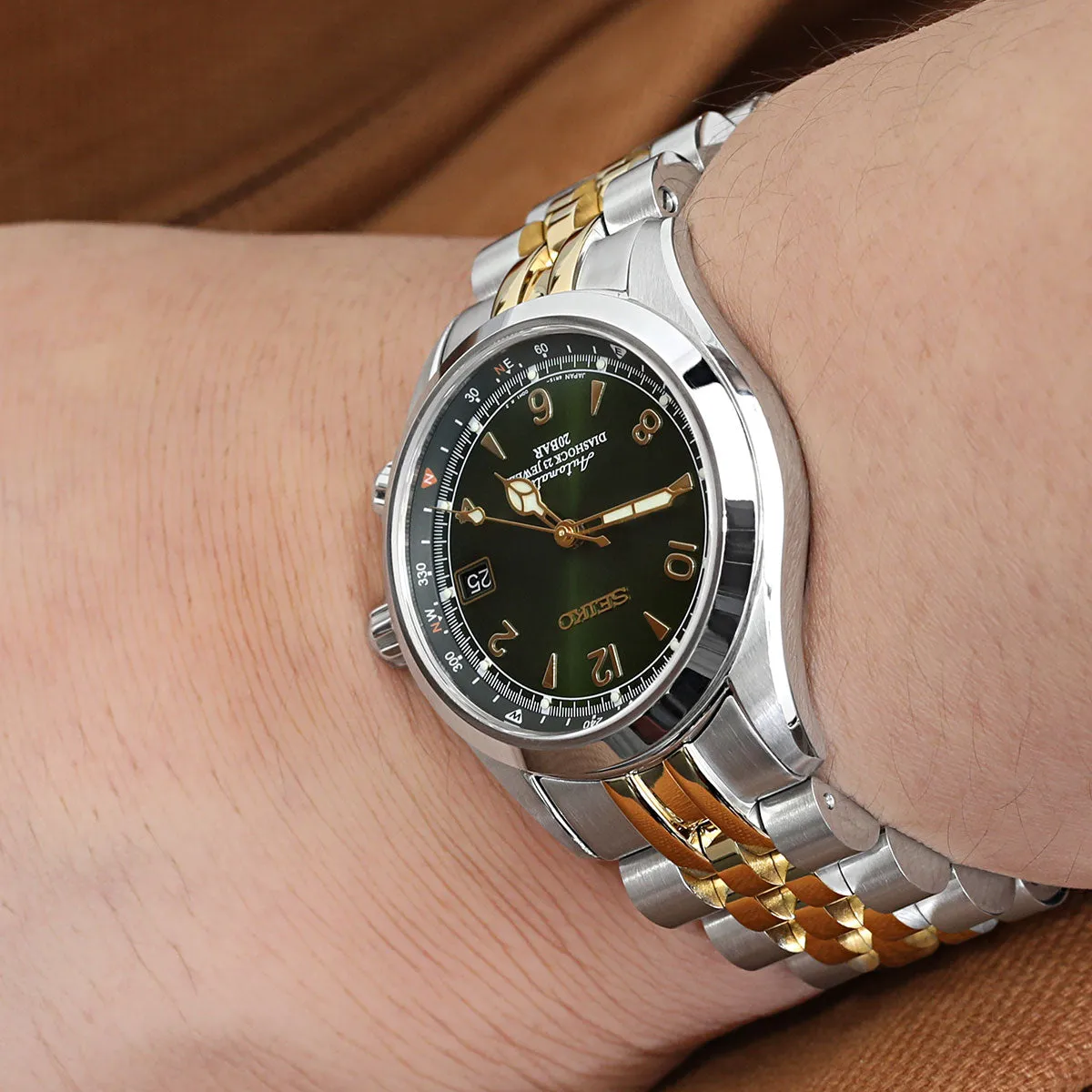 20mm Angus-J Louis JUB Watch Band compatible with Seiko Alpinist SARB017 (or Hamilton Khaki H70455733), 316L Stainless Steel Brushed with IP Gold Center V-Clasp