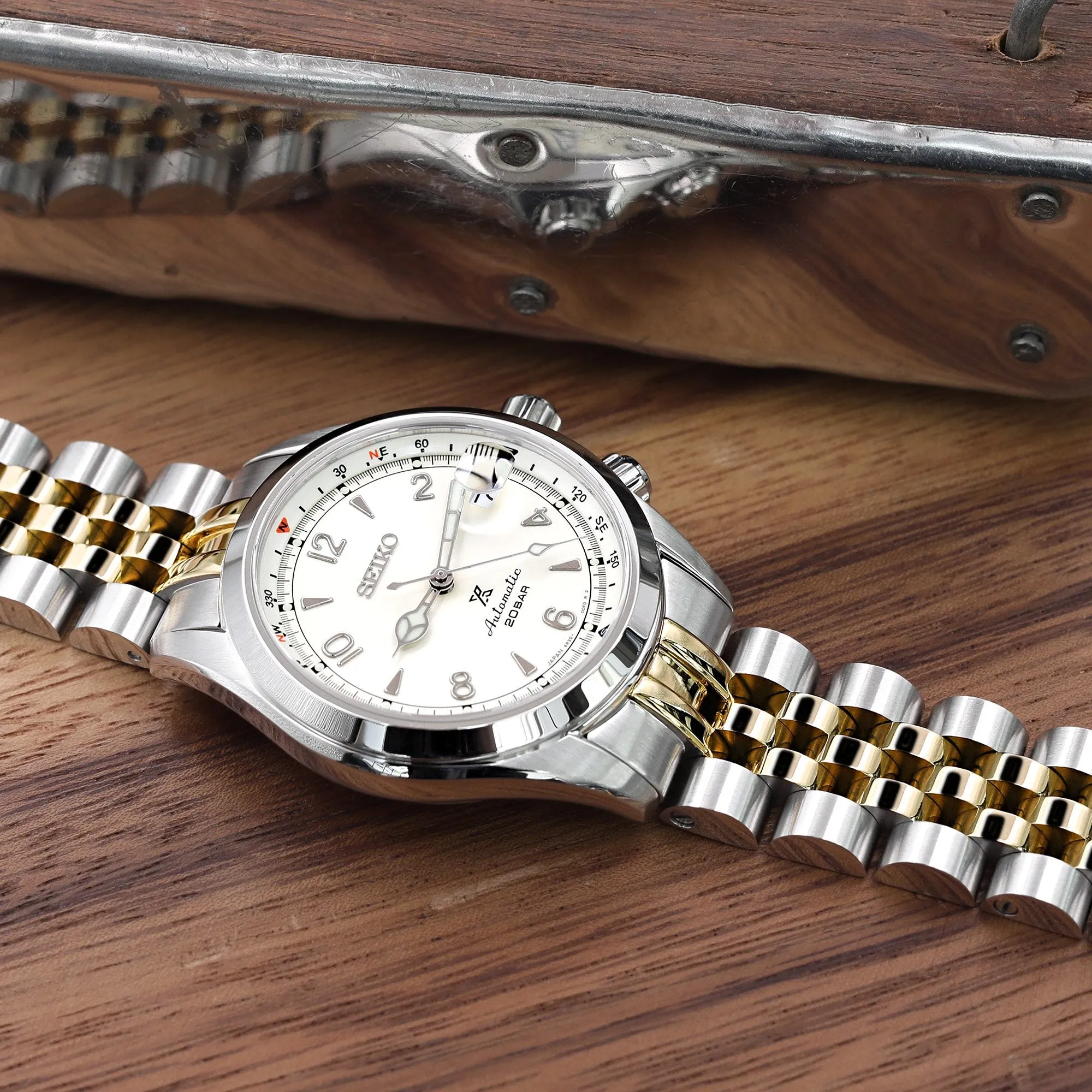20mm Angus-J Louis JUB Watch Band compatible with Seiko Alpinist SARB017 (or Hamilton Khaki H70455733), 316L Stainless Steel Brushed with IP Gold Center V-Clasp
