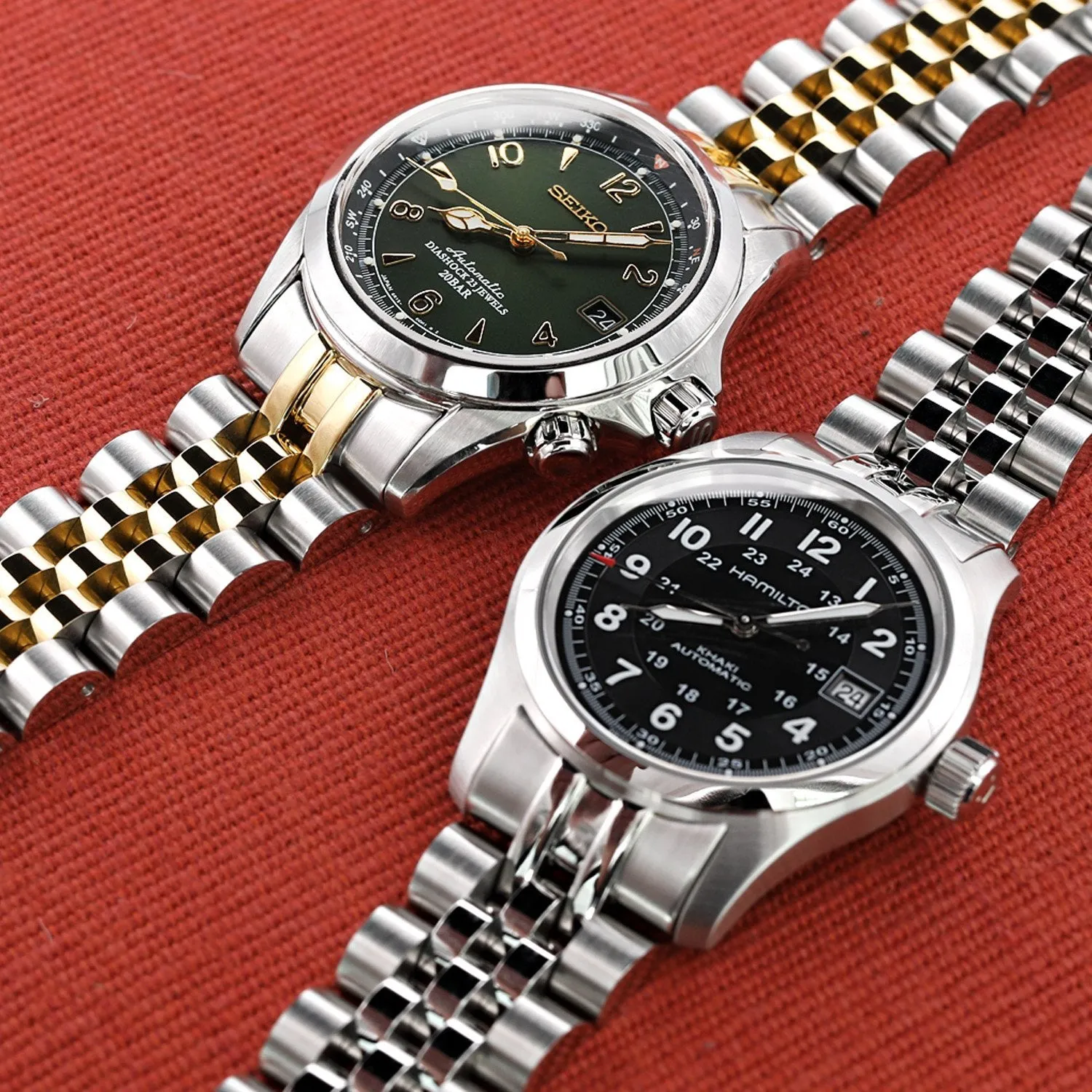 20mm Angus-J Watch Band for Seiko Alpinist SARB017 SPB155 SBEJ005 (compatible with Hamilton Khaki H70455733) - Two Tone IP Gold Polished Center Links, SUB Diver Clasp