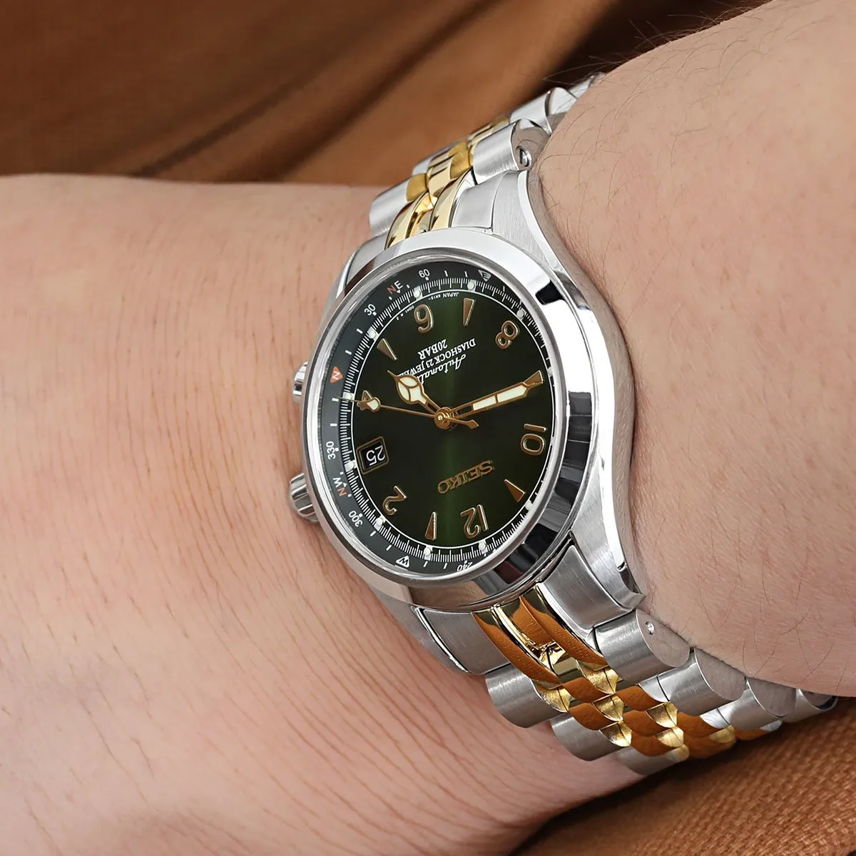 20mm Angus-J Watch Band for Seiko Alpinist SARB017 SPB155 SBEJ005 (compatible with Hamilton Khaki H70455733) - Two Tone IP Gold Polished Center Links, SUB Diver Clasp