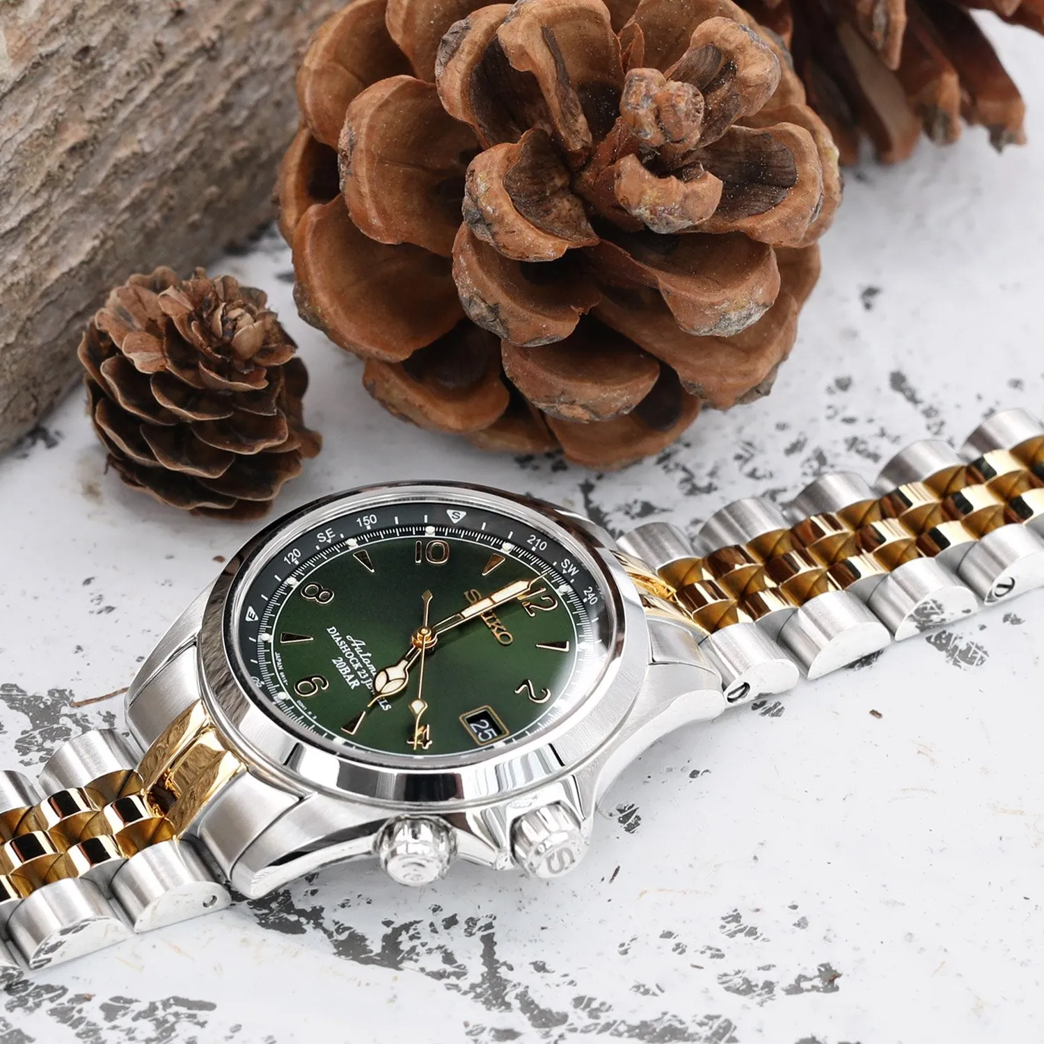 20mm Angus-J Watch Band for Seiko Alpinist SARB017 SPB155 SBEJ005 (compatible with Hamilton Khaki H70455733) - Two Tone IP Gold Polished Center Links, SUB Diver Clasp