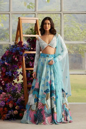 Azure Bloom Burst Lehenga with Pearlescent Cord Blouse and Dupatta