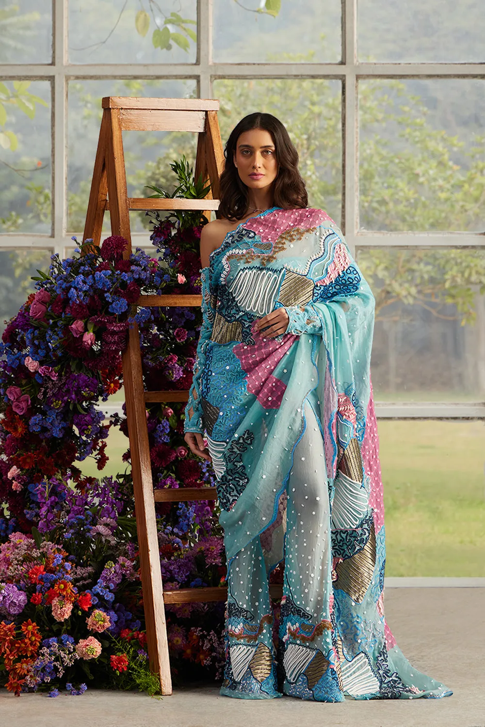 Azure Burst Pant Sari & Helix Knitted Blouse