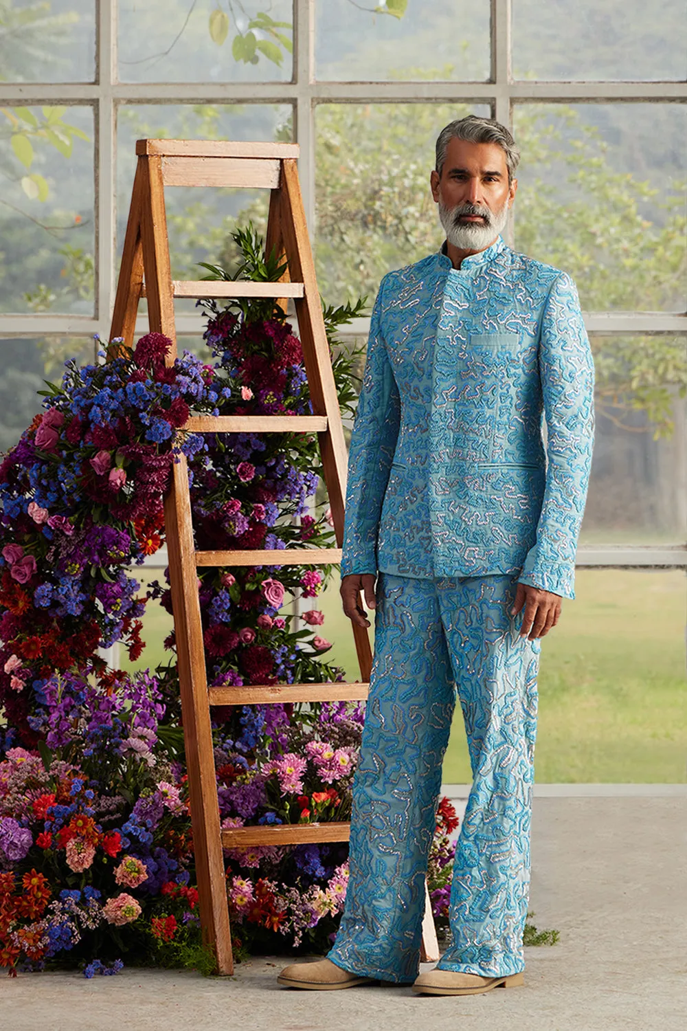 Azure Sequinned Bandhgala with Pants