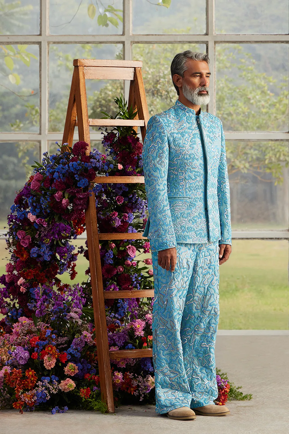 Azure Sequinned Bandhgala with Pants