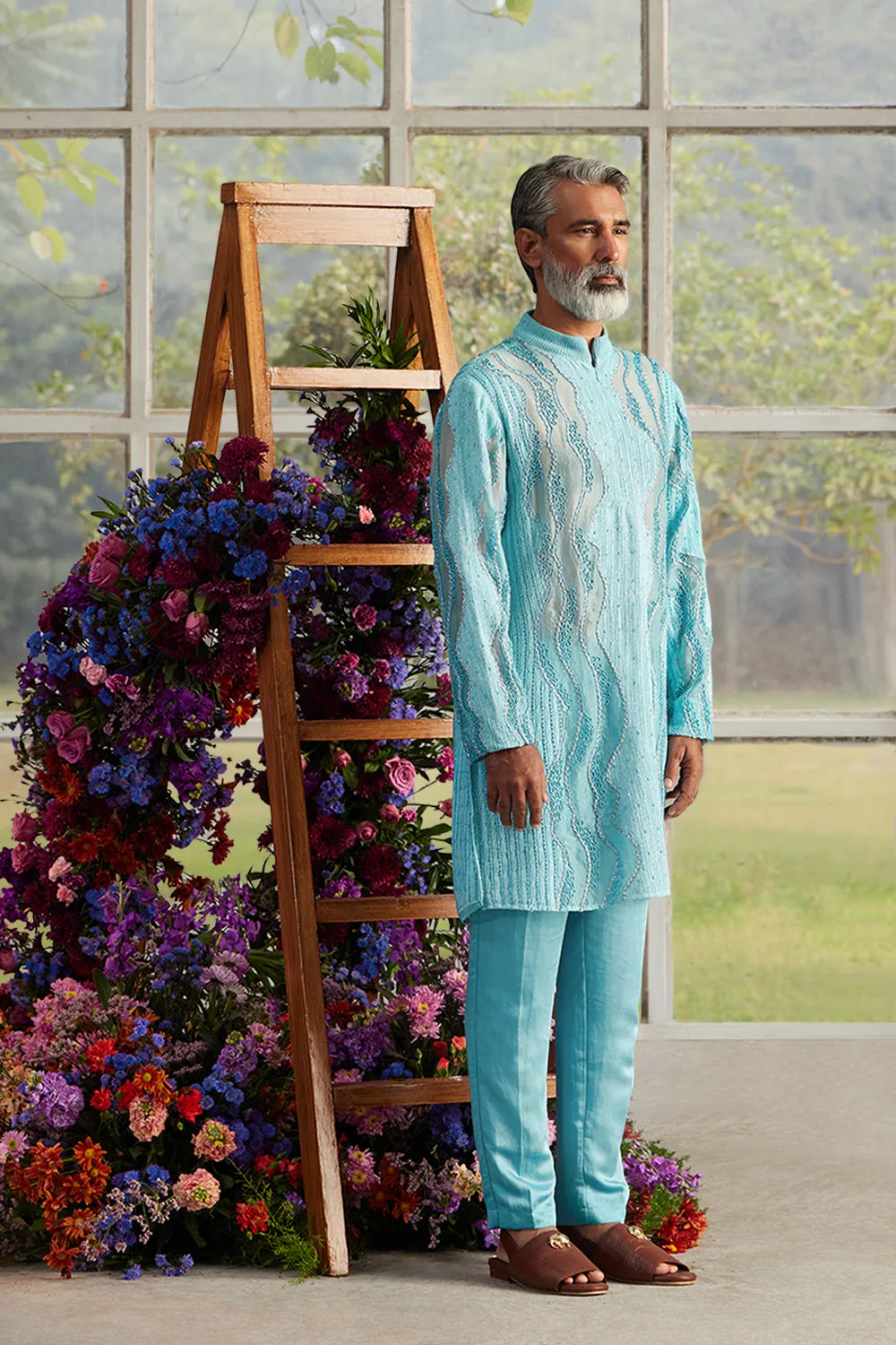 Azure Swirlled Knit Kurta with Pants