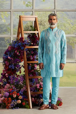 Azure Swirlled Knit Kurta with Pants