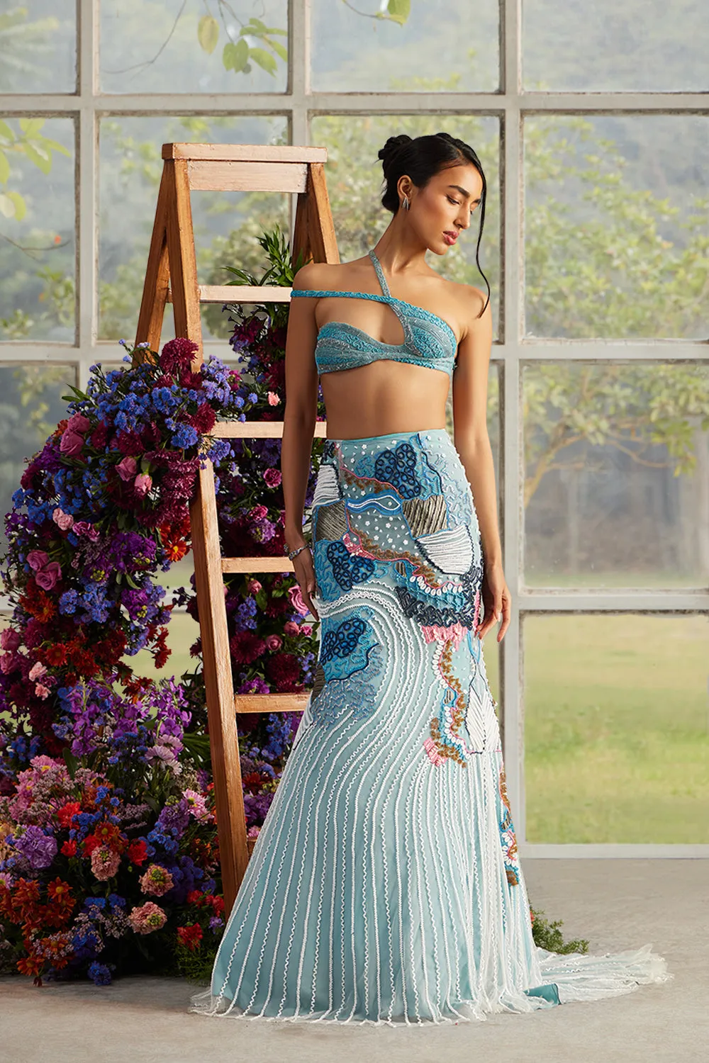 Azure Vine Bustier with Fish Cut Skirt