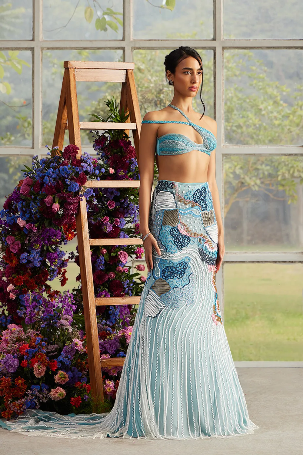 Azure Vine Bustier with Fish Cut Skirt