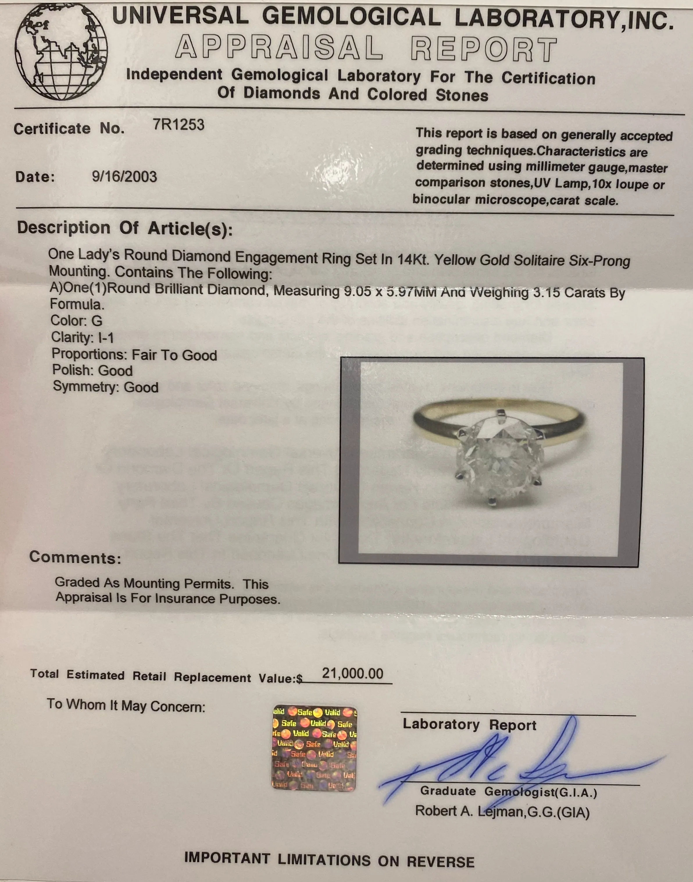 Beautiful Unique Solid Yellow Gold 3Ct. Diamond Solitaire Engagement Ring - $30K Appraisal Value w/ CoA! }