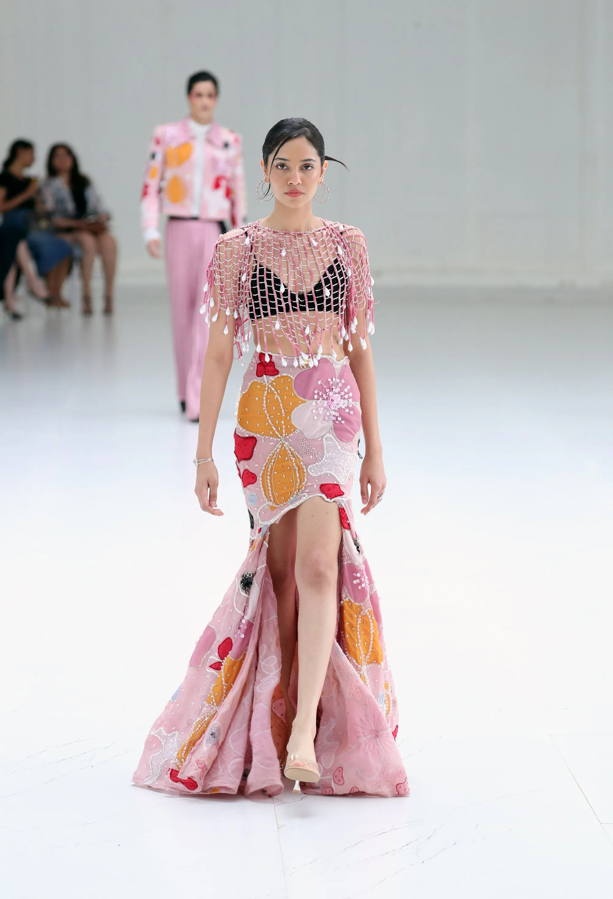 Blush Fleur Applique Flamenco Skirt with Beaded Pearl-Drop Cape