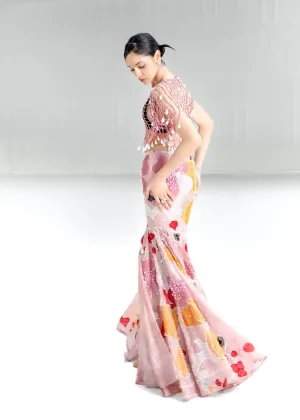 Blush Fleur Applique Flamenco Skirt with Beaded Pearl-Drop Cape