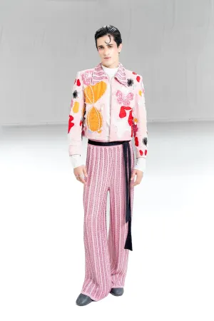 Blush Fleur Applique Jacket with Sequinned Turtleneck and Ladder Knit Pants