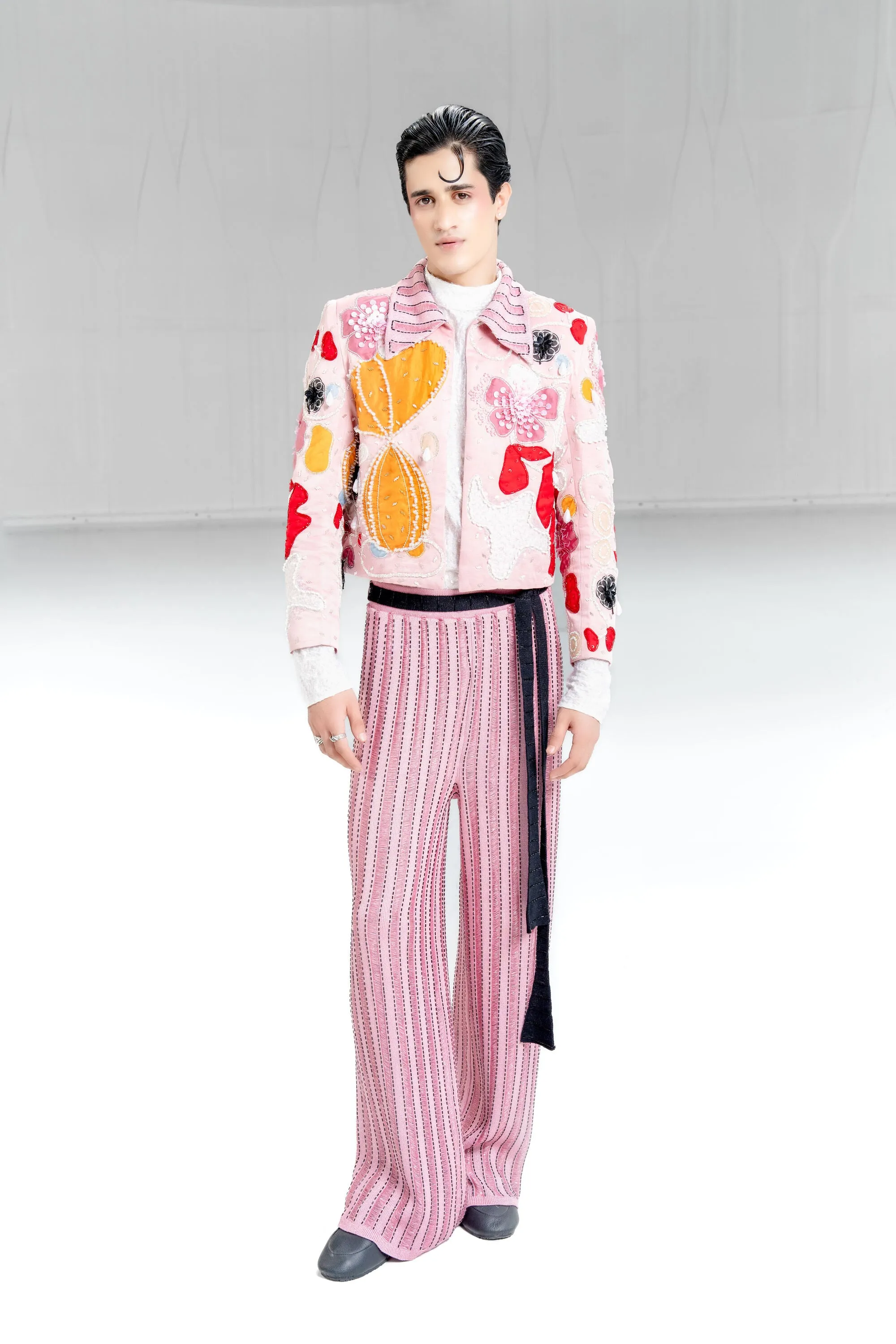 Blush Fleur Applique Jacket with Sequinned Turtleneck and Ladder Knit Pants