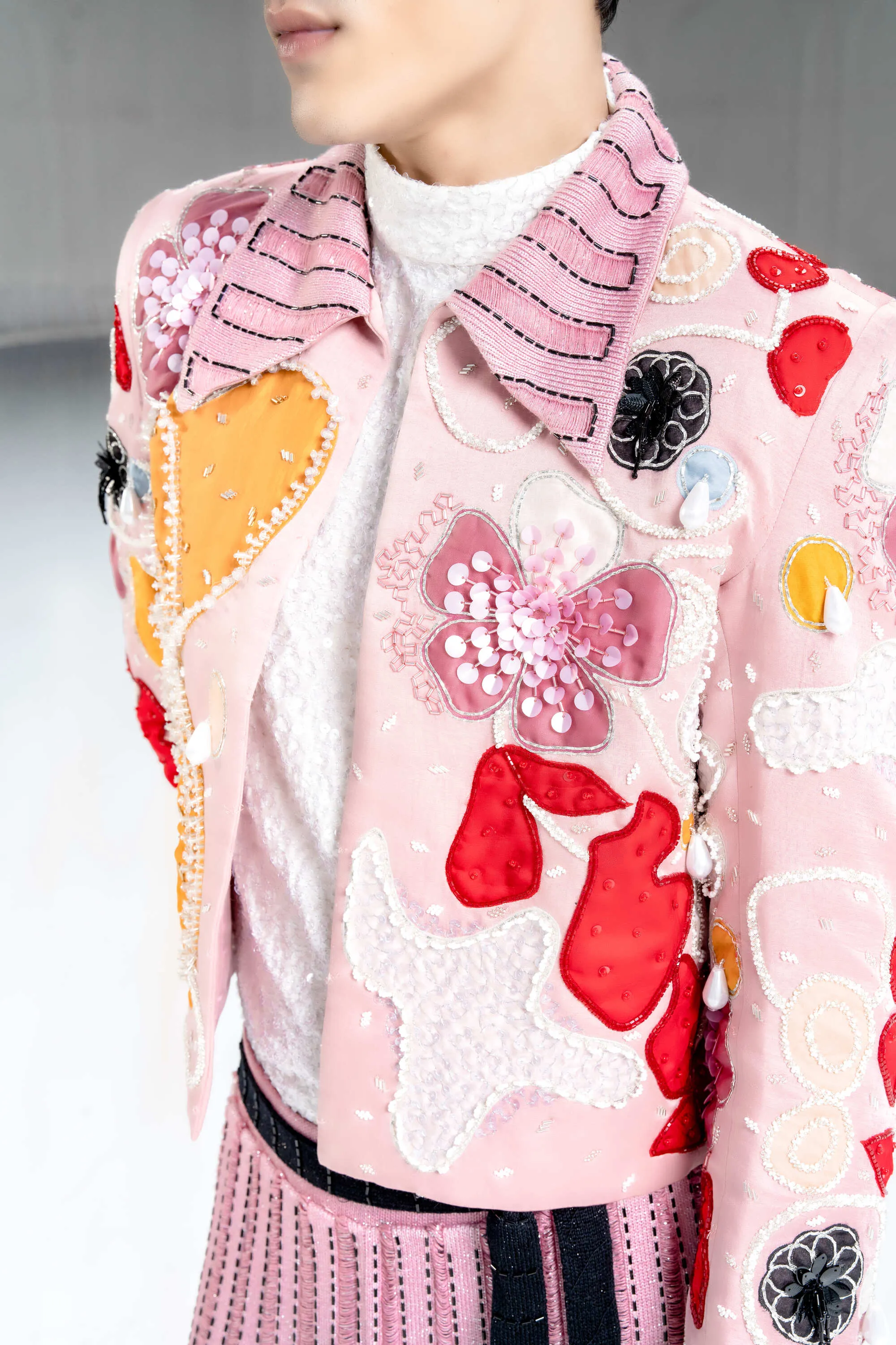 Blush Fleur Applique Jacket with Sequinned Turtleneck and Ladder Knit Pants