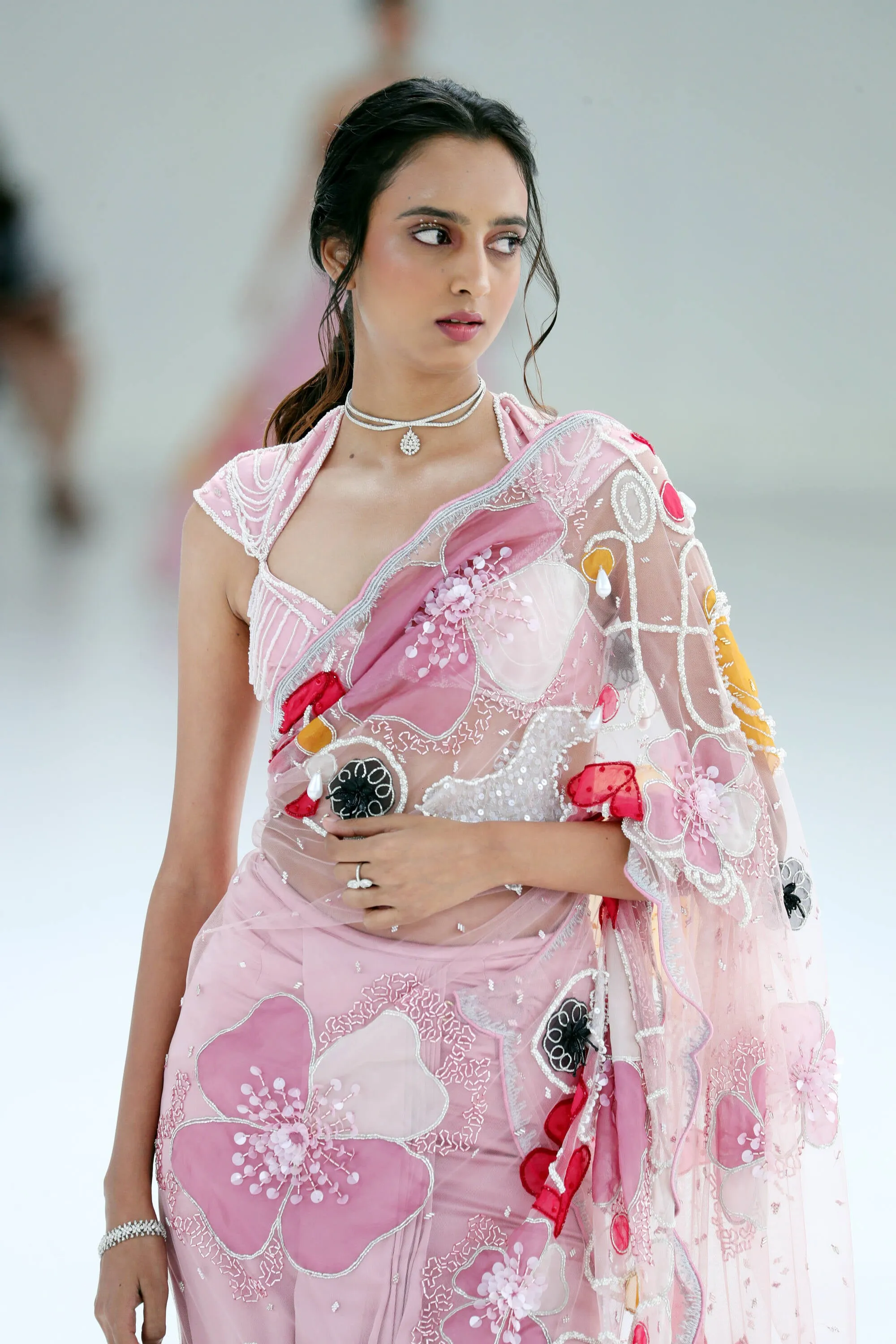 Blush Fleur Applique Tailored Sari with Embellished Blouse