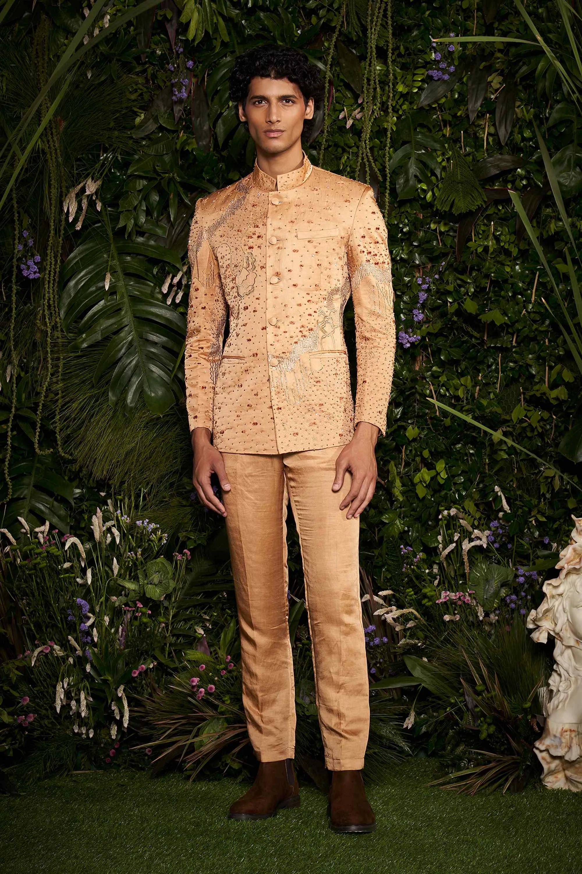Champagne Celeste Burst Bandhgala with Pants