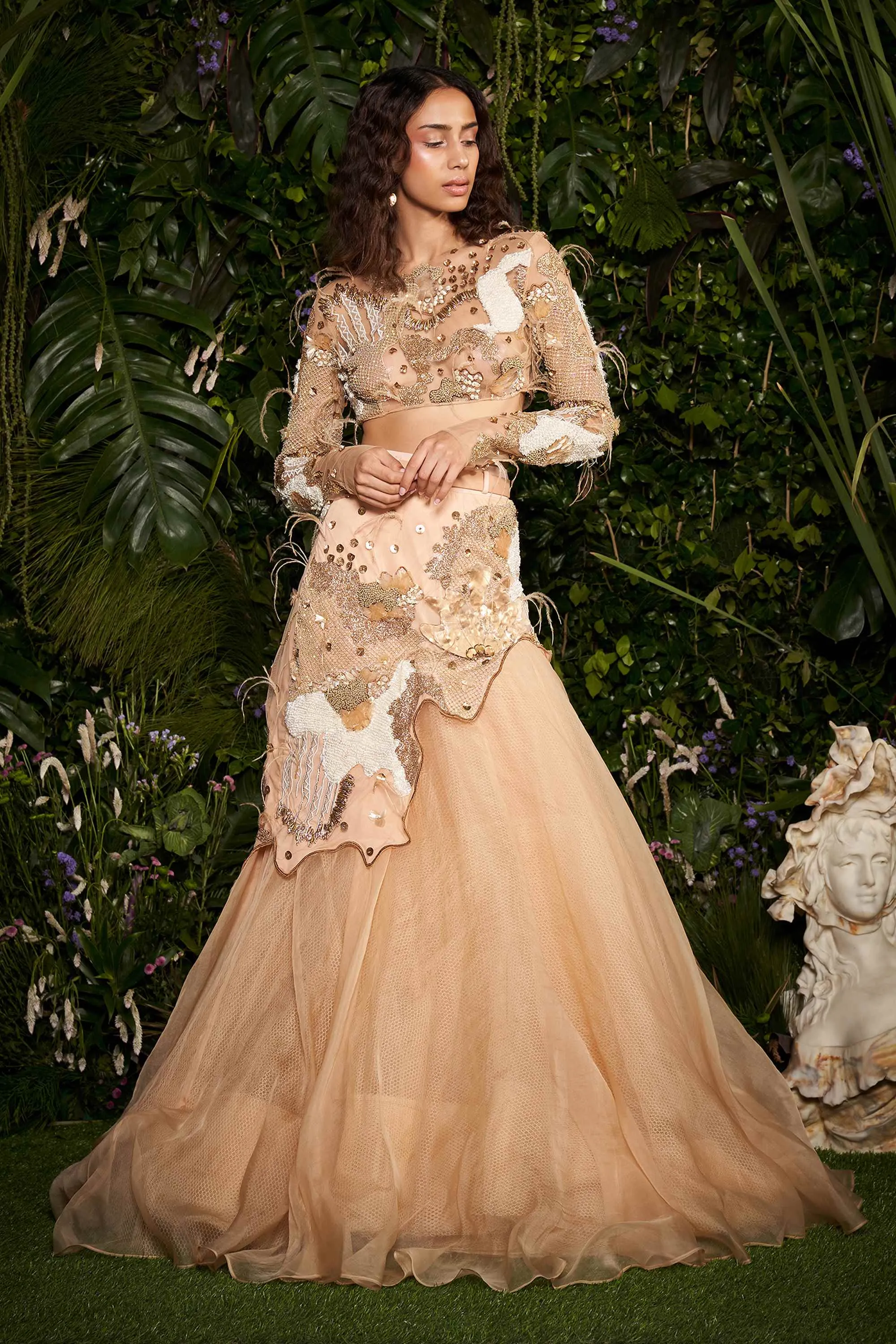 Champagne Cocoon CrysMesh Blouse with Scallop Embellished Lehenga