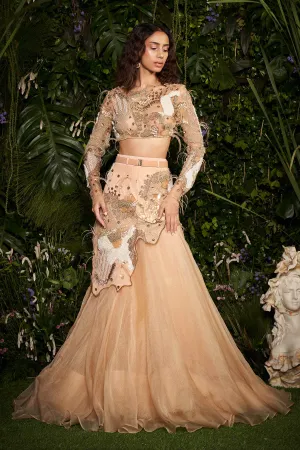 Champagne Cocoon CrysMesh Blouse with Scallop Embellished Lehenga