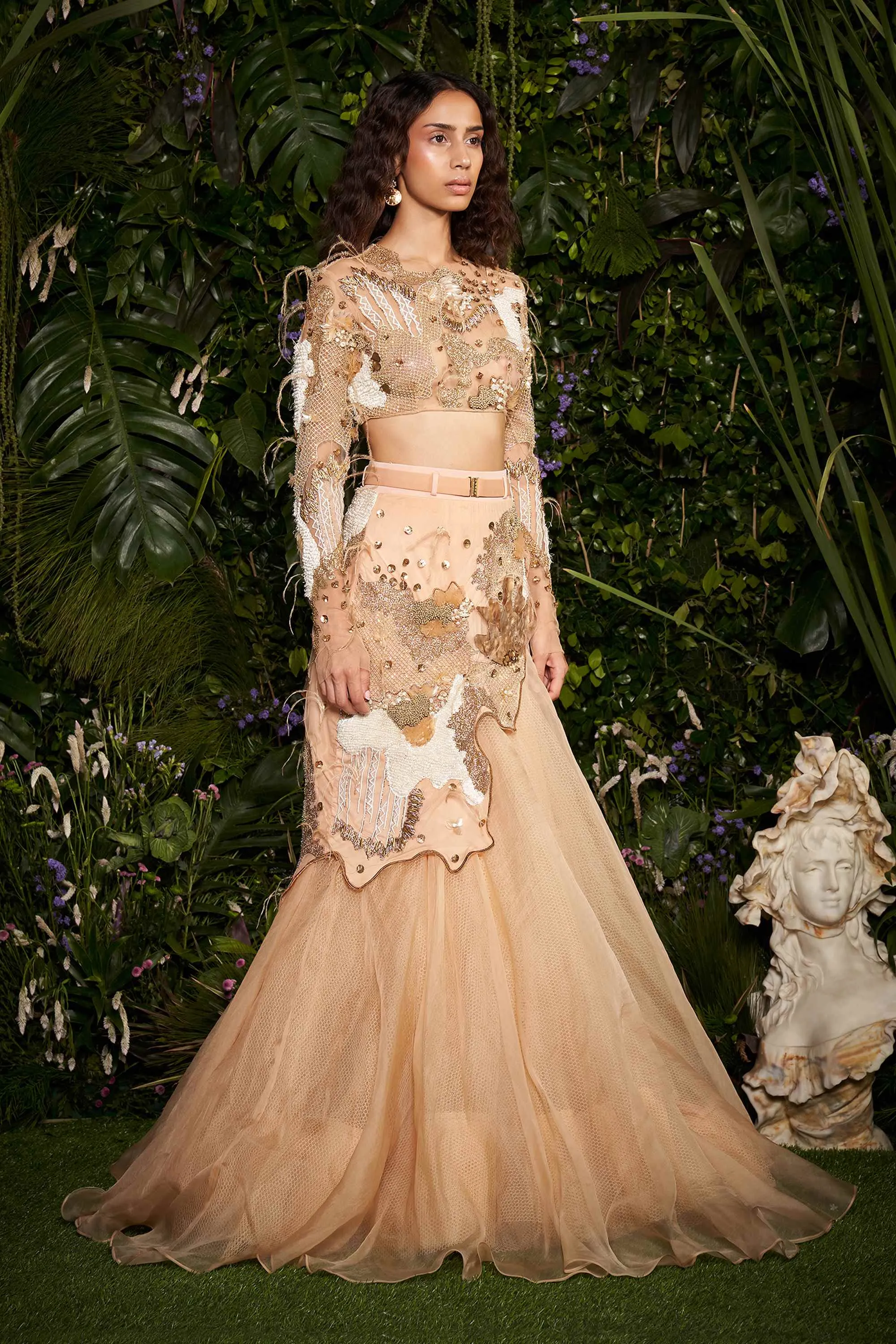 Champagne Cocoon CrysMesh Blouse with Scallop Embellished Lehenga