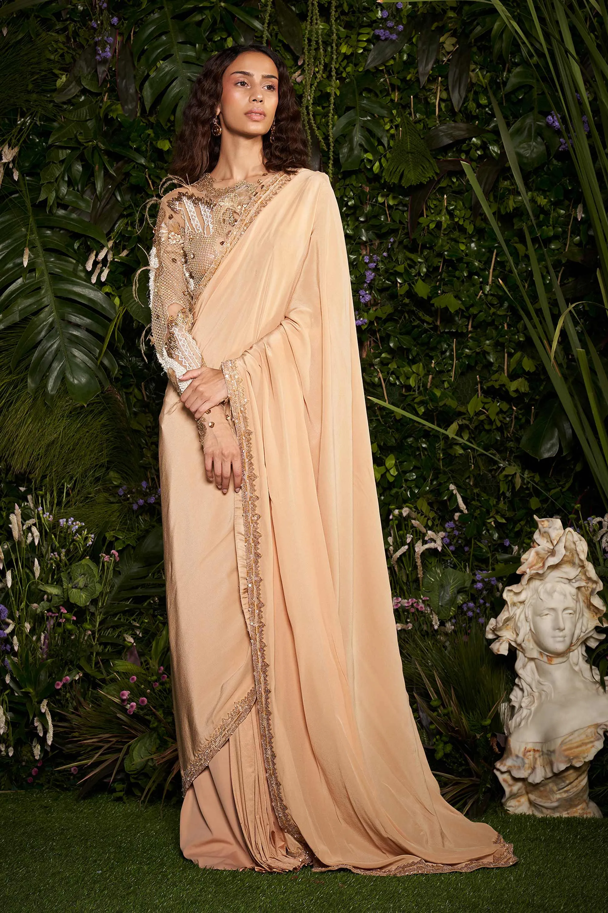 Champagne Cocoon CrysMesh Blouse with Tailored Sari