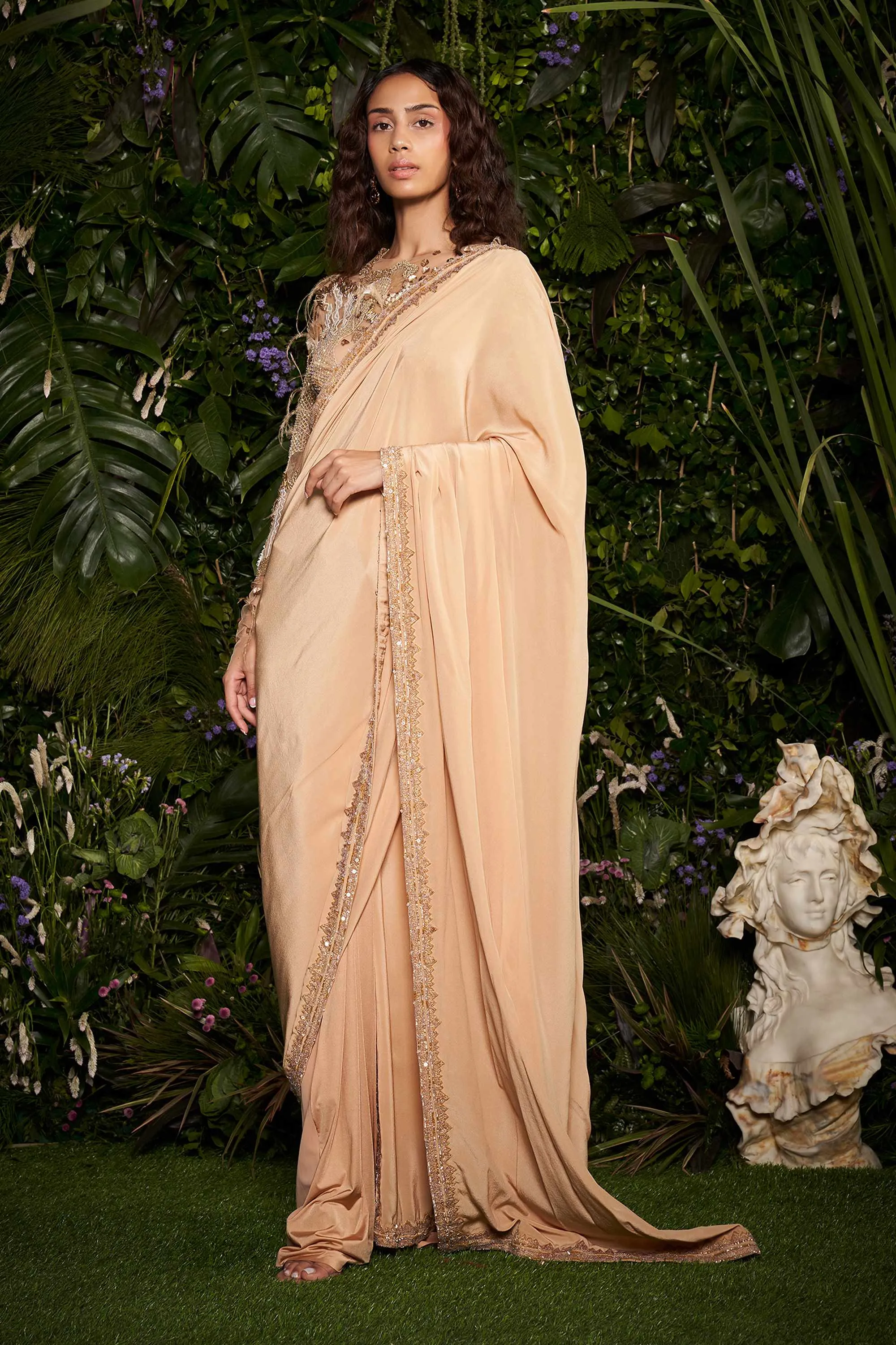 Champagne Cocoon CrysMesh Blouse with Tailored Sari