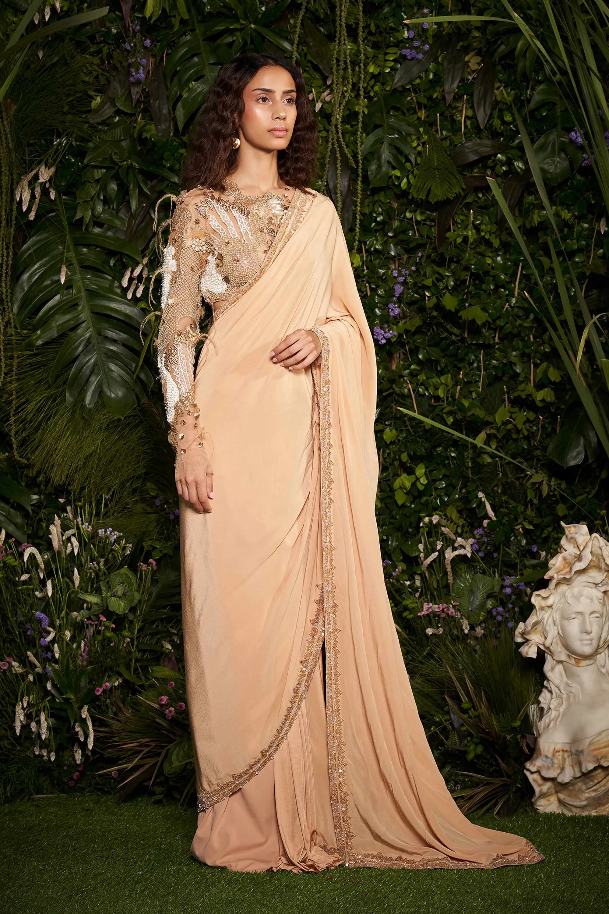 Champagne Cocoon CrysMesh Blouse with Tailored Sari