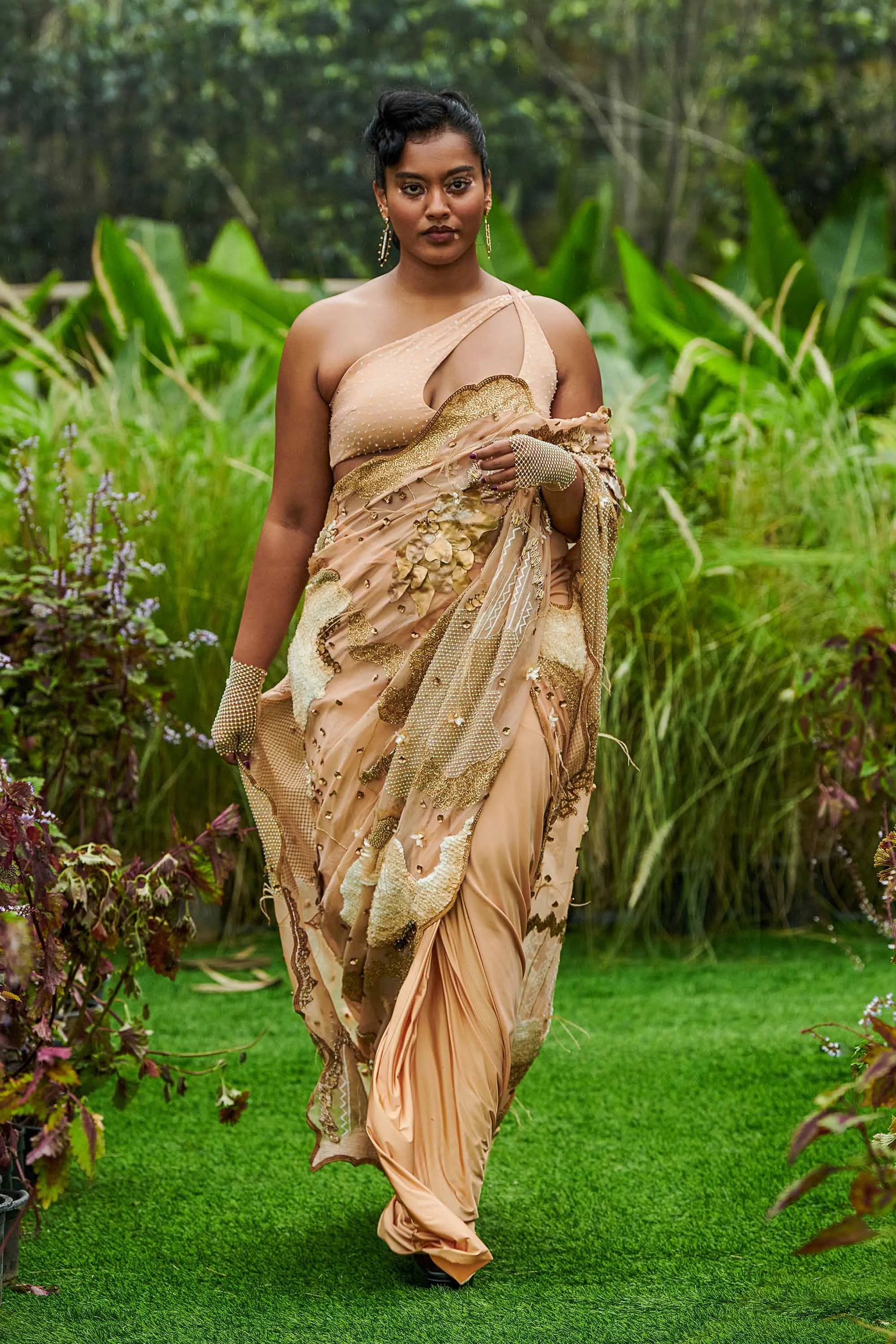 Champagne Cocoon CrysMesh Scallop Tailored Sari with Beaded Cut-Out Blouse