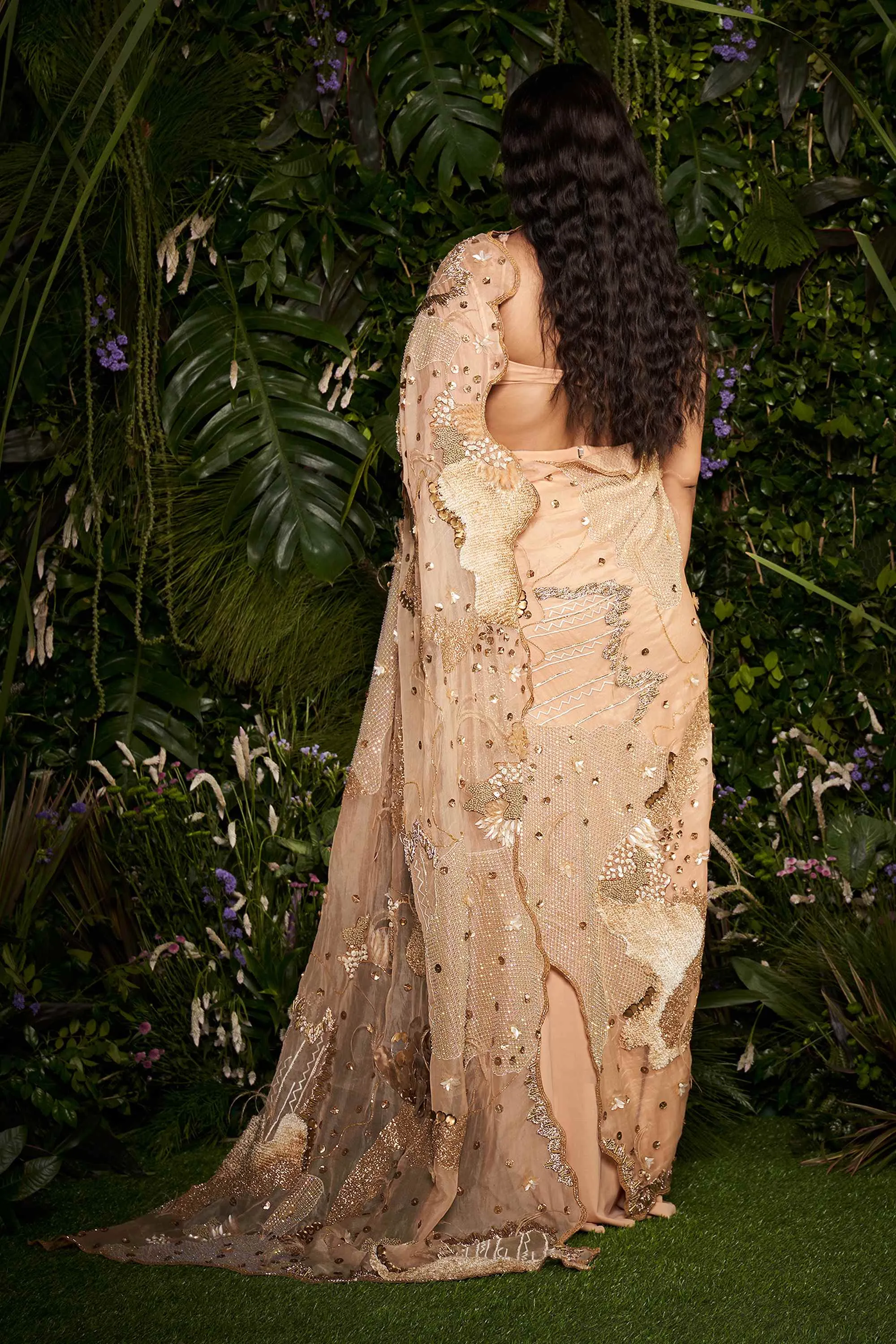 Champagne Cocoon CrysMesh Scallop Tailored Sari with Beaded Cut-Out Blouse
