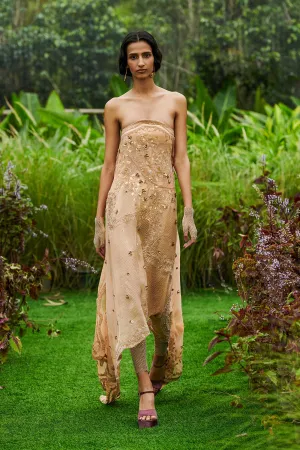 Champagne Foliage Asymmetrical Tunic with CrysMesh Pants