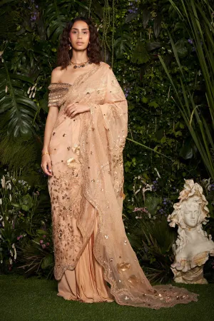 Champagne Foliage Scallop Tailored Sari with Cascading Bead Blouse