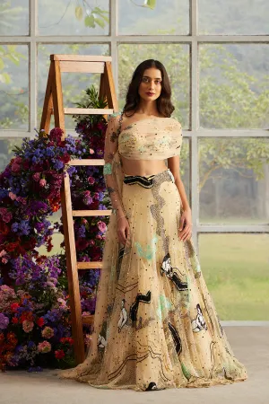 Champagne Saun Celeste Lehenga with Draped Asymmetrical Blouse