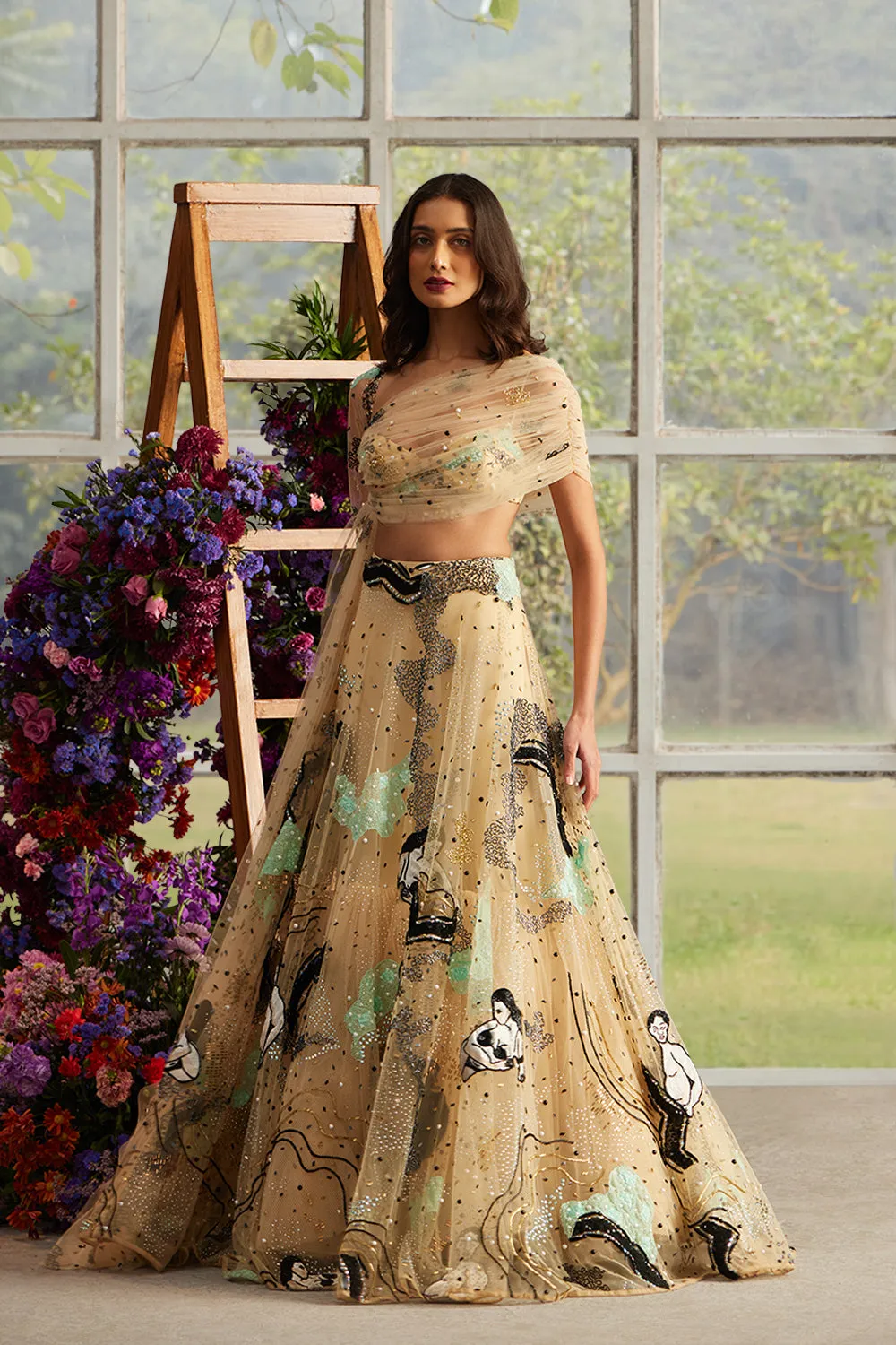 Champagne Saun Celeste Lehenga with Draped Asymmetrical Blouse