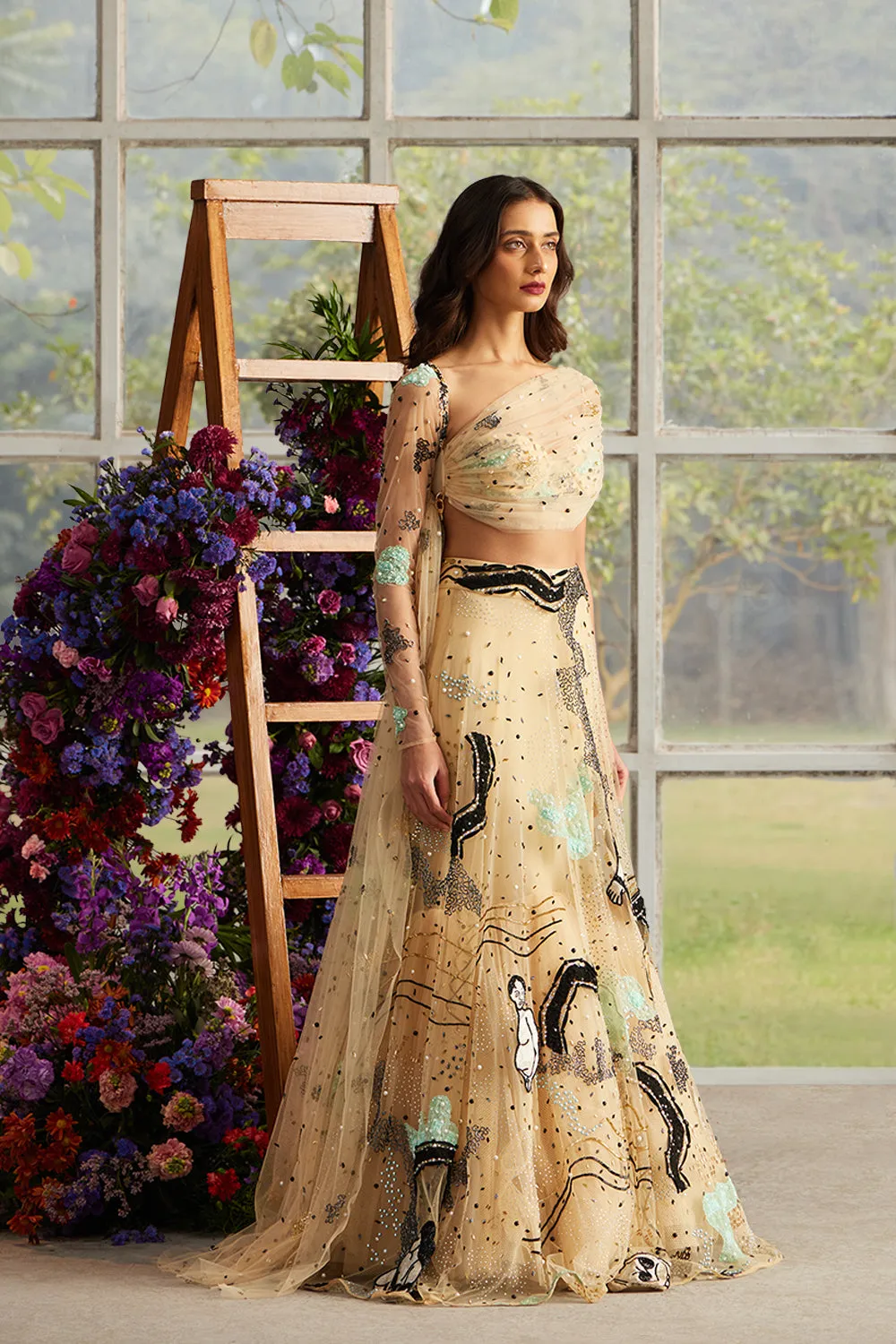 Champagne Saun Celeste Lehenga with Draped Asymmetrical Blouse