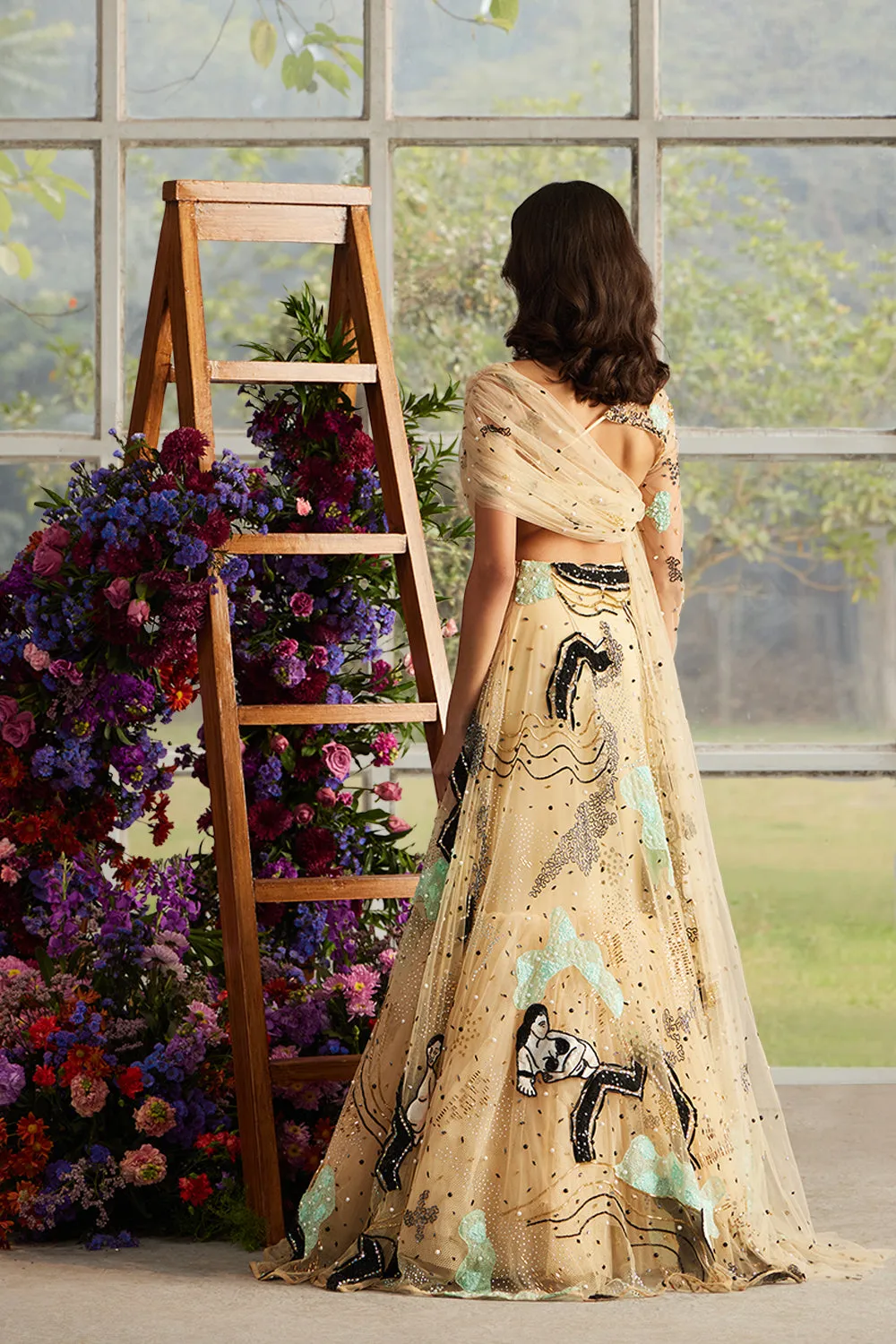 Champagne Saun Celeste Lehenga with Draped Asymmetrical Blouse