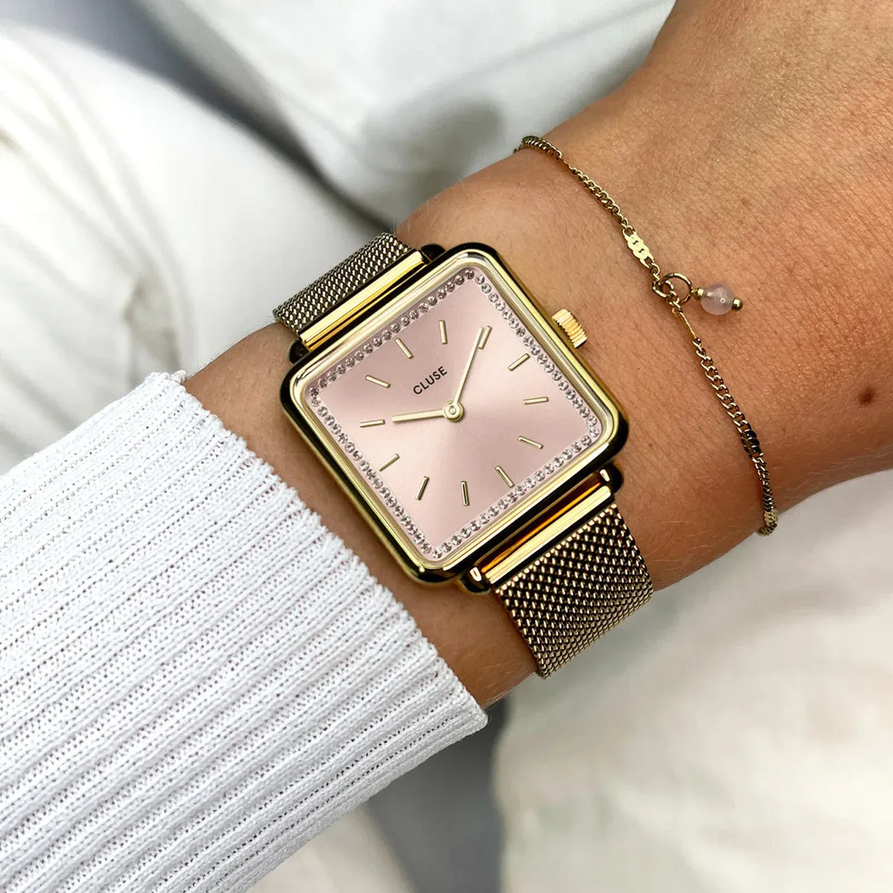 CLUSE La Tetragone Light Rose Gold Mesh Watch   Chain Bracelet Gift Set
