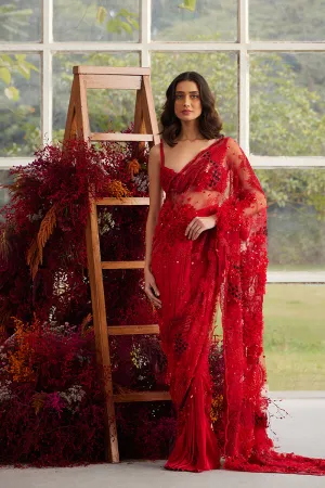 Crimson Glory Embellished Sari with Cord Bloom Blouse