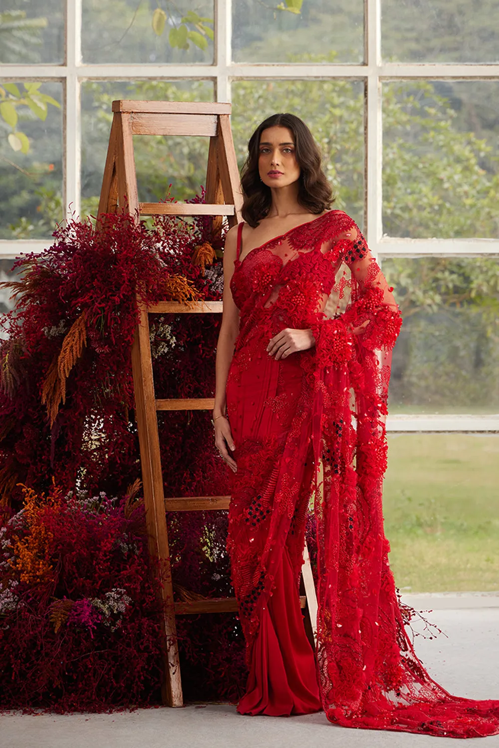 Crimson Glory Embellished Sari with Cord Bloom Blouse