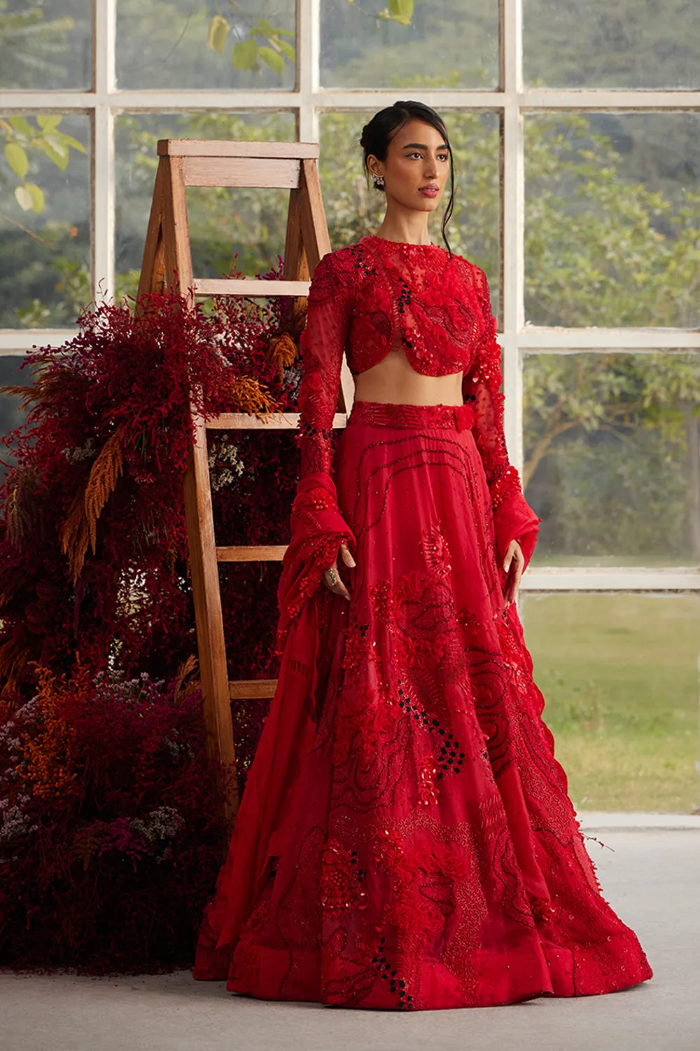 Crimson Glory Lehenga with Embellished Ruffle Veil