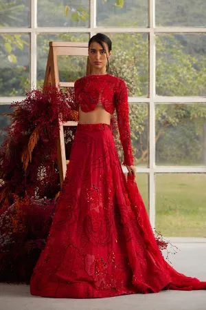 Crimson Glory Lehenga with Embellished Ruffle Veil
