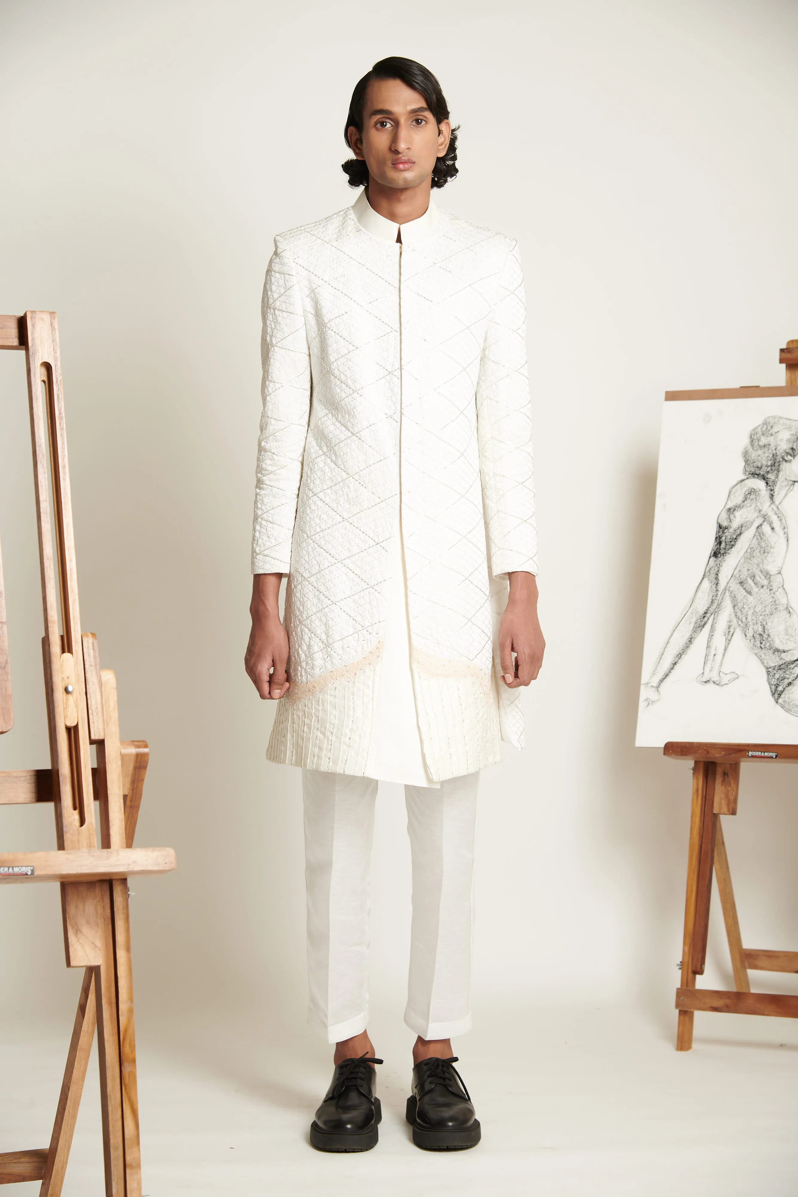 Ecru Lattice Embroidered Sherwani with Linen Pants