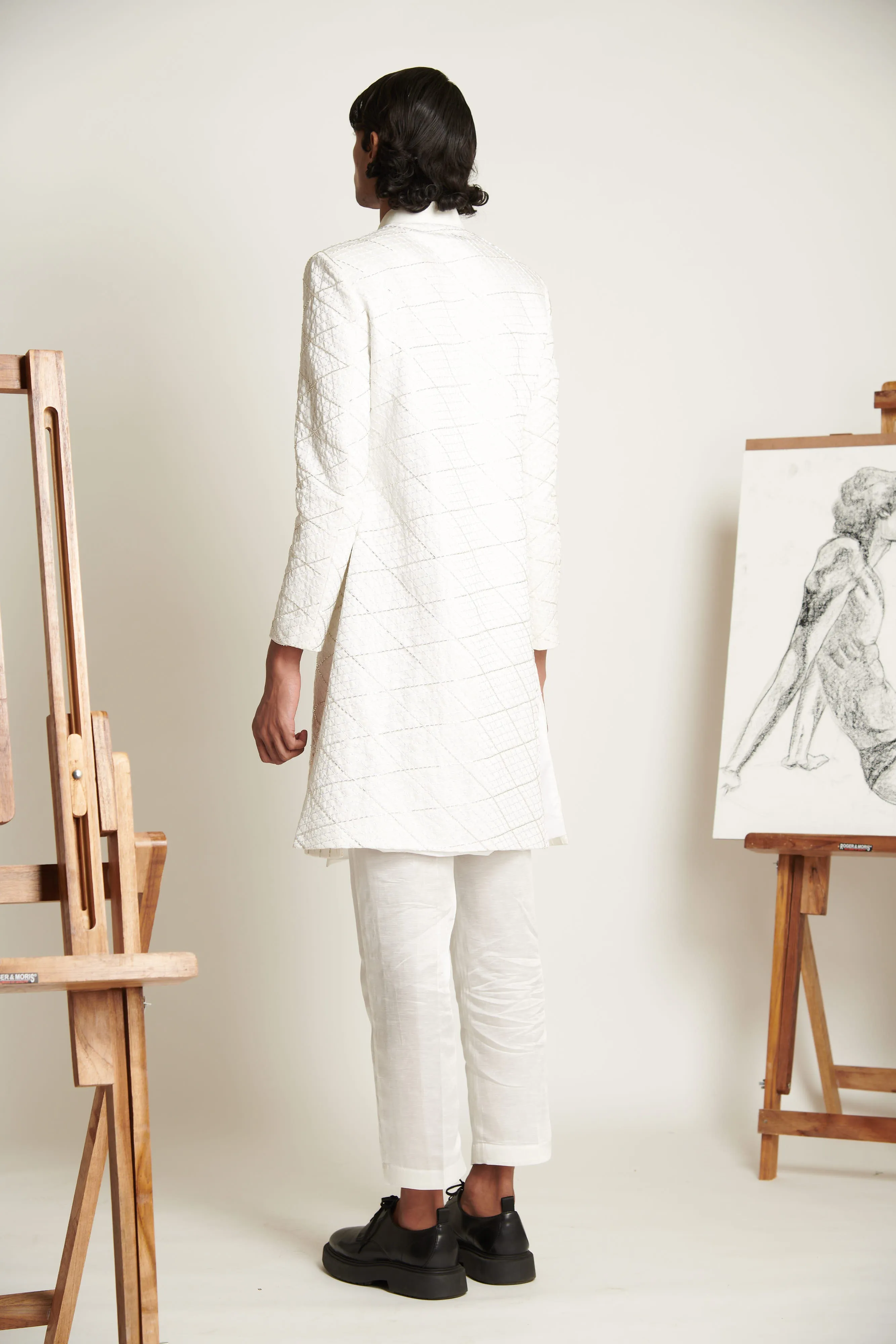 Ecru Lattice Embroidered Sherwani with Linen Pants